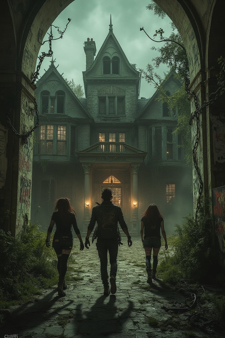 A big haunted mansion in punk style, eerie and decaying, with gothic architecture and overgrown vegetation, the mansion adorned with graffiti and punk elements like spikes and chains, dim lighting with flickering candles and shadows, a group of punk characters exploring the mansion, wearing torn clothing and combat boots, intense expressions, wide-shot framing, dynamic composition.