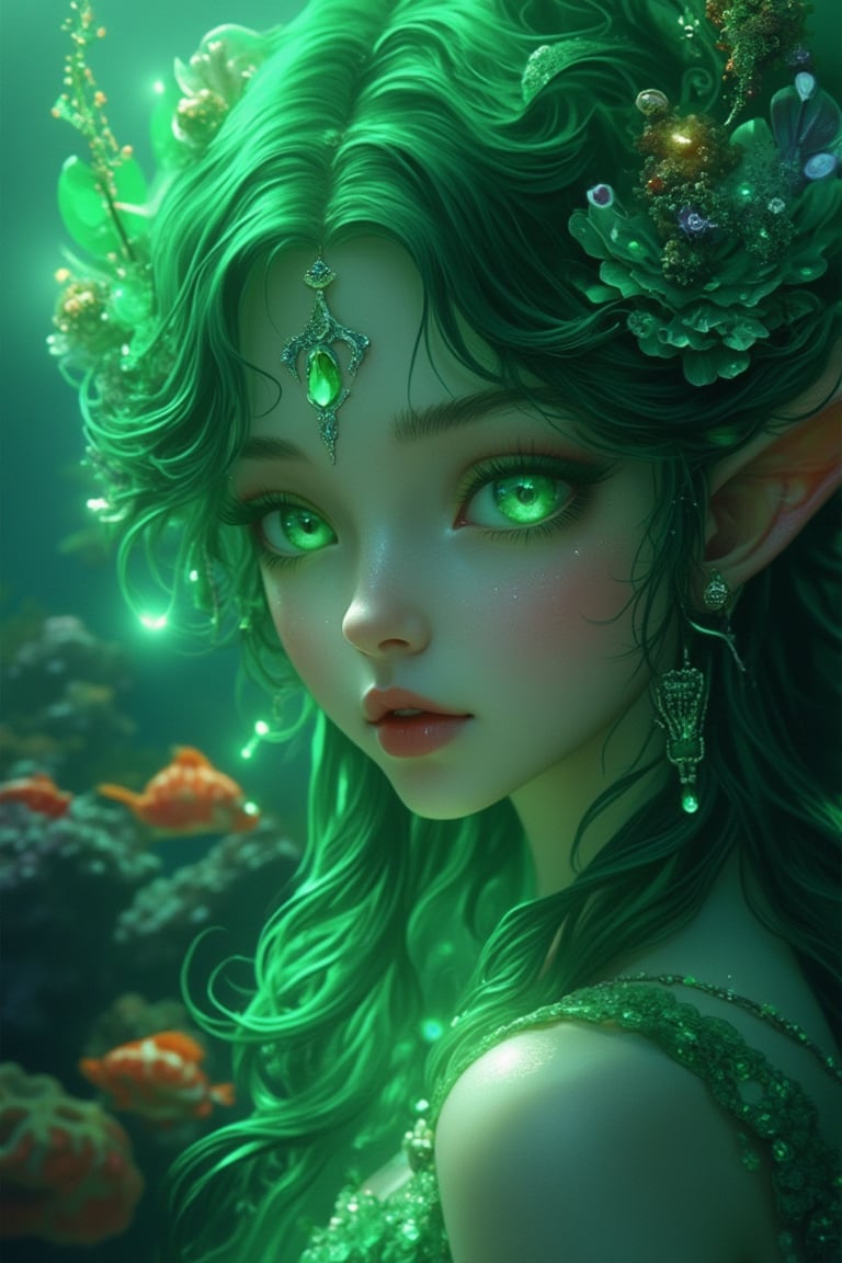 A magical surreal Niji style artwork, featuring a close-up face of a mermaid, illuminated by green hues. The scene is set in a fantastical underwater world, with whimsical sea creatures and vibrant coral reefs in the background. The mermaid's face is prominently displayed, her eyes and features highlighted with green accents, creating a dynamic and enchanting composition. The lighting is surreal, with green tones casting a dreamlike and mystical atmosphere.