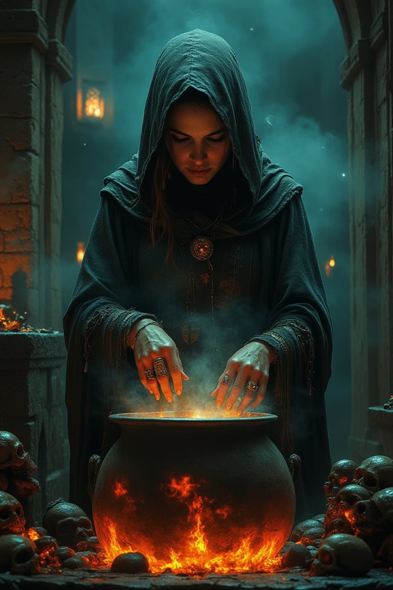 A witch stands in a dimly lit, eerie chamber, surrounded by countless skulls and arcane symbols. She meticulously mixes a glowing, ominous potion in a giant cauldron, her hands adorned with rings and talismans. The cauldron's contents bubble and swirl with a sinister energy, casting an eerie light on the witch's determined face. The scene is framed with a close-up shot, capturing the witch's focused expression and the dark, mystical atmosphere of her surroundings.