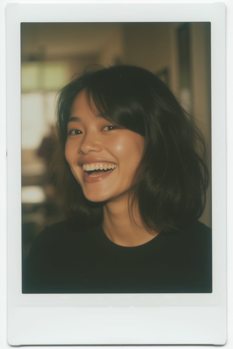 A Polaroid photo of a woman with shoulder-length black hair, wearing a black shirt, smiling and laughing happily. The image is captured candidly with soft, natural lighting, focusing on her joyful expression. The composition is simple, with her relaxed pose and casual attire.