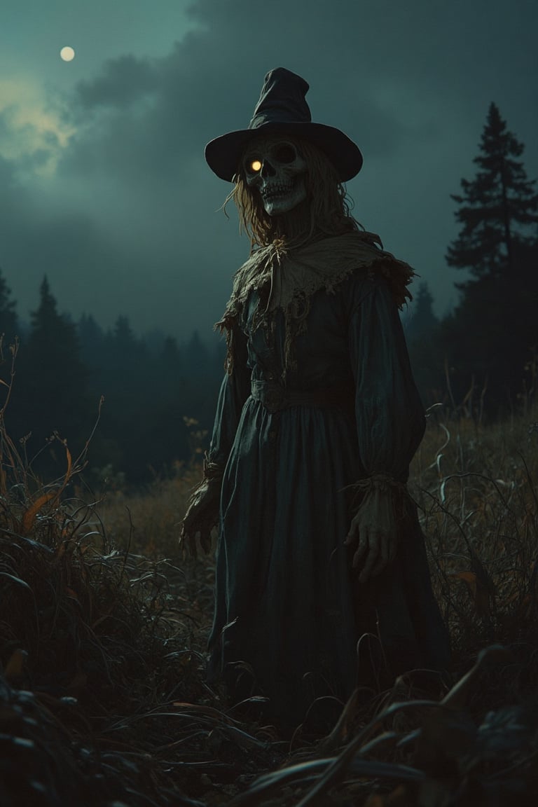 Photo-realistic 60's style of a gloomy scene featuring a scarecrow, dimly lit with shadows cast by a single light source. The scarecrow stands in a field of tall, twisted grass and thick underbrush. Close-up shot, low-key lighting, emphasizing the eerie atmosphere. The scarecrow's face is partially obscured by shadows, its eyes wide and unsettling. The scene is filled with dark, foreboding elements, adding to the haunting mood.