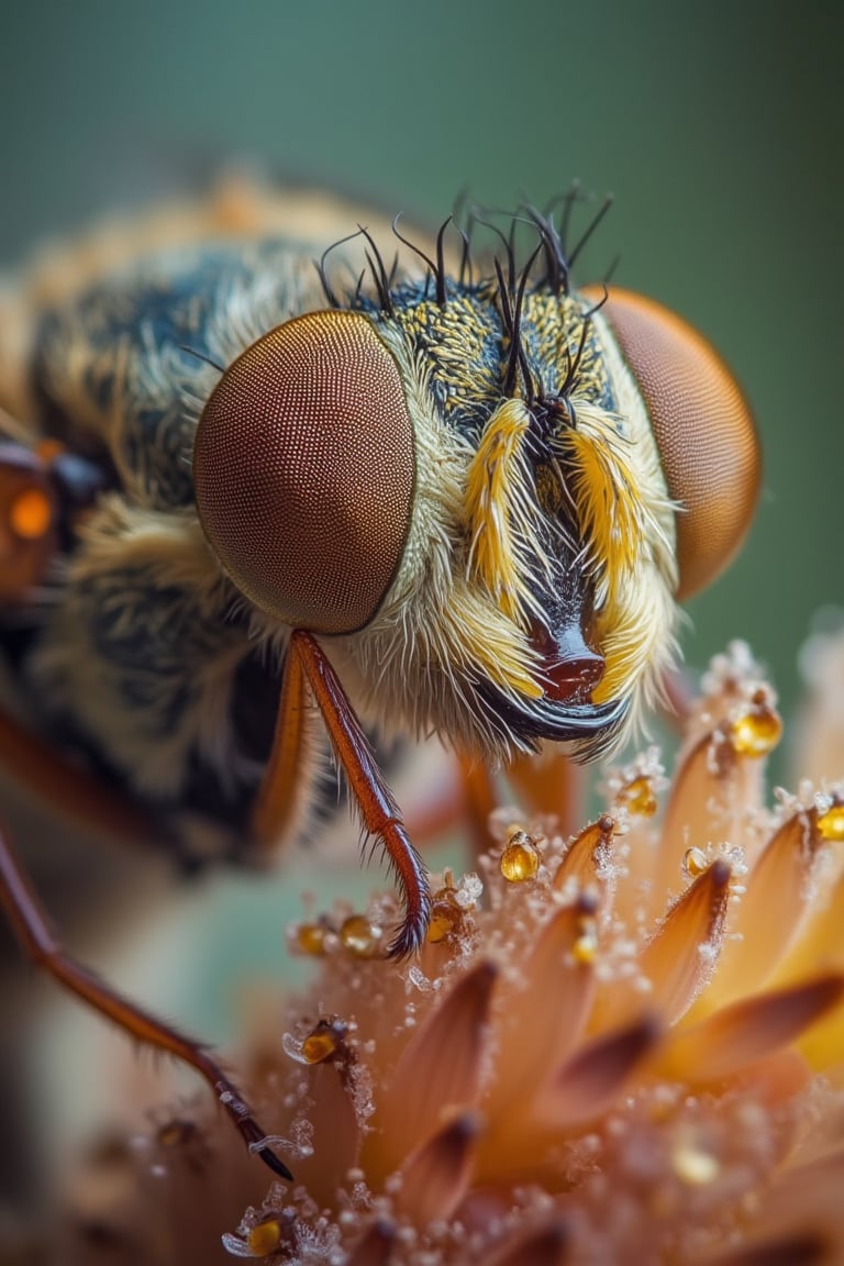 Macro photography style, shallow depth of field, close-up shot of a fly's eyes, sharp focus on the intricate details and compound structure, soft natural lighting, eyes wide open with detailed reflections, high detail, realistic texture, vibrant colors, outdoor setting with a blurred background, intimate composition.