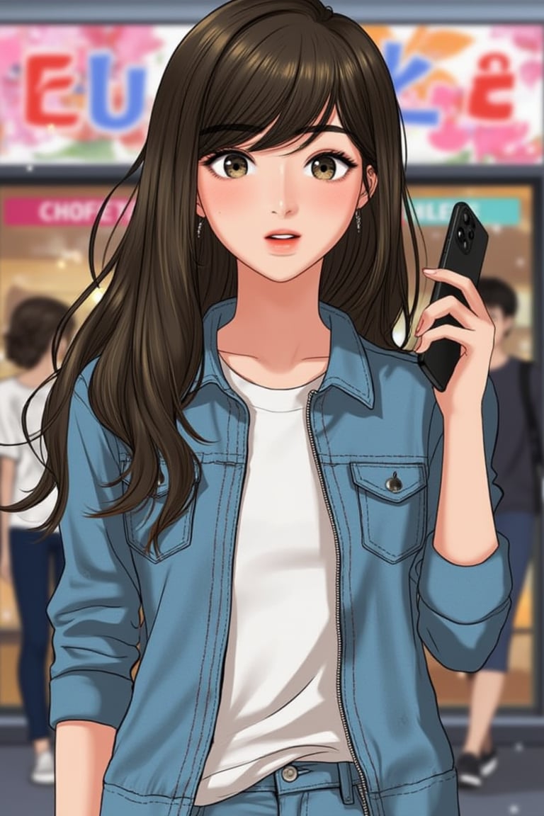 A cheeky anime girl with a playful smile, wearing casual wear. She stands confidently with one hand on her hip, the other holding a phone. The scene is brightly lit, with a soft focus on her face. The background is a vibrant urban street, with colorful storefronts and people walking by. The composition is dynamic, capturing her youthful energy and casual style.