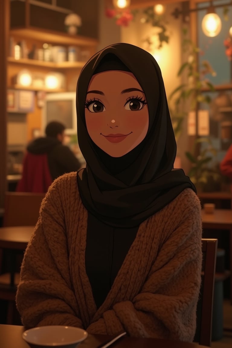 vibrant Moe anime portrait of a pretty Malay woman with large, glossy eyes, wearing a black hijab and a loose, cozy sweater cardigan. She sits happily in a warm, dimly lit cafe at night, surrounded by soft, inviting decor. The scene is framed mid-shot, capturing her radiant smile and the soft, warm lighting that highlights her beauty. The background is a homely cafe with a few patrons, creating a serene and comforting atmosphere. Her relaxed pose and the cozy setting evoke a sense of warmth and contentment.