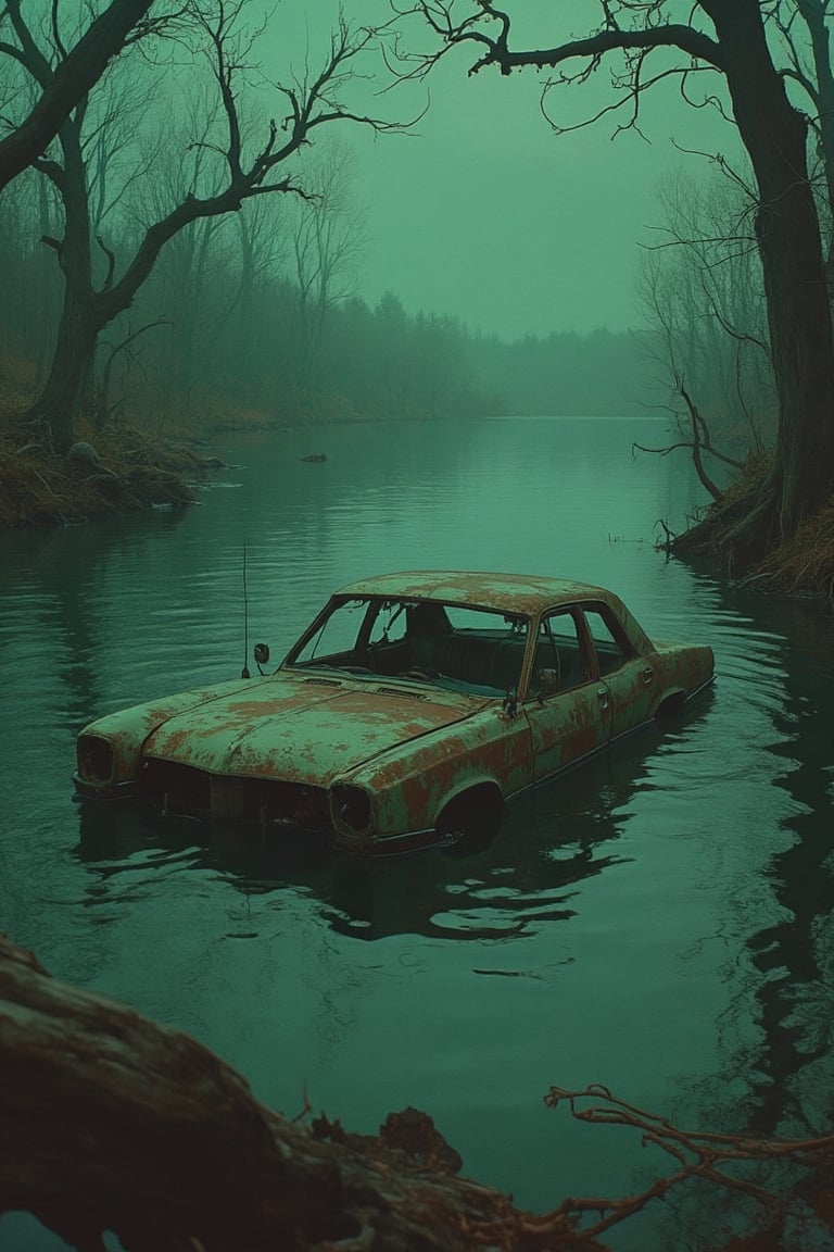 Photo-realistic 60's style of a gloomy green lake scene, an eerie rusty car wreck half submerged in the water, dimly lit with shadows cast by the surrounding trees. The lake is surrounded by tall, twisted trees and thick underbrush. Close-up shot, low-key lighting, emphasizing the eerie atmosphere. The car's rusted exterior and broken windows create a haunting effect. The scene is filled with dark, foreboding elements, adding to the chilling mood.