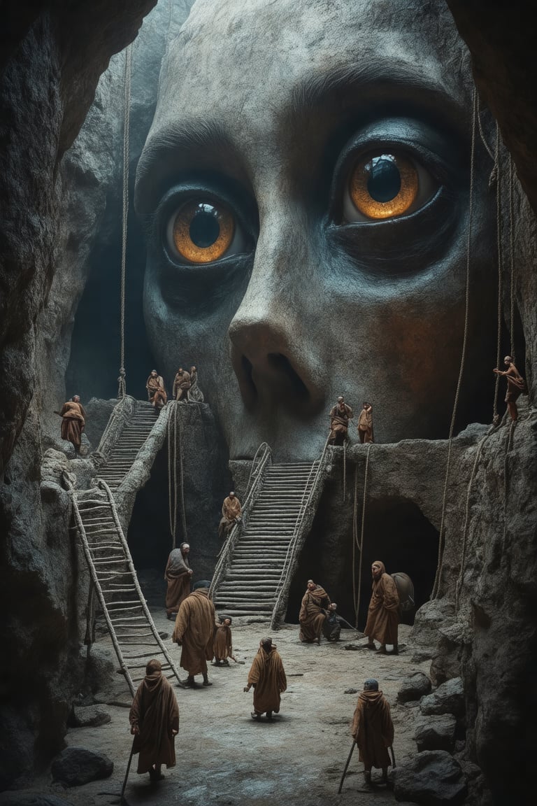 A Midjourney Raw Image Style of a surreal scene within a cavernous structure,  dominated by gigantic,  lifelike human eyes...