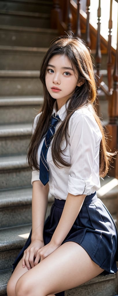 high school student,girl,school uniform,sitting on stair,Best Quality, 32k, photorealistic, ultra-detailed, finely detailed, high resolution, perfect dynamic composition, beautiful detailed eyes, sharp-focus, cowboy_shot, 