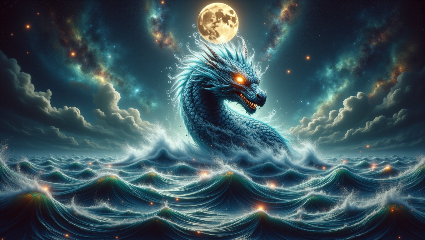 Ground-up view of a magnificent dragon emerging from the depths of the ocean, its powerful form breaking through the surface with a stunning display of swirling water and cascading bubbles. The dragon's scales shimmer like jewels, reflecting the light in hues of deep blues and iridescent greens. Its eyes blaze with fiery intensity, illuminating the dark waters around it.The atmosphere is charged with raw power, as the dragon's majestic presence creates turbulent flurries of dust and water, sending ripples across the ocean's surface. In the background, the ethereal glow of bioluminescent creatures dances in the depths, enhancing the mystical vibe.Clouds of vibrant, swirling colors mimic an explosion of spices, merging with the ocean's waves, creating a surreal masterpiece. The scene balances bright and dark elements, with rim lighting highlighting the dragon's formidable silhouette.Above, a starry galaxy stretches infinitely, with a grunge gold full moon casting its enchanting glow over the entire scene, capturing the essence of this powerful creature's rise. The painting embodies the beauty and might of the ocean's depths, blending fantasy and realism in a breathtaking display.