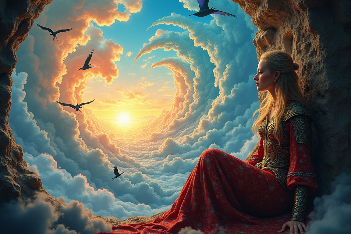 Amidst a swirling tempest of colors and shapes, a striking secular woman—whether a sorceress with shimmering energy, a warrior clad in intricately ornate medieval armor, or a cleric draped in luxurious, flowing home attire—sits gracefully by a warped window. The glass distorts her reflection as she gazes into a chaotic sky, where fantastical creatures soar: cranes with iridescent feathers, graceful roe deer with ethereal wings, swift, darting forms like fleeting shadows, and majestic dragons with scales gleaming like shards of shattered glass. The sky itself is a tumultuous canvas, alternating between the serene blush of dawn, the menacing swirl of thunderclouds crackling with energy, and the piercing brightness of a sunlit day, all converging in a dizzying dance. Capture this scene in the intricate and mind-bending style of M.C. Escher, where reality twists and spirals, challenging perception and inviting wonder. Also give the sorceress outfit a Byzantine twist with patterned cutouts and gorgeous embroidery. And go deep into the subconscious with Chris Haas' style.