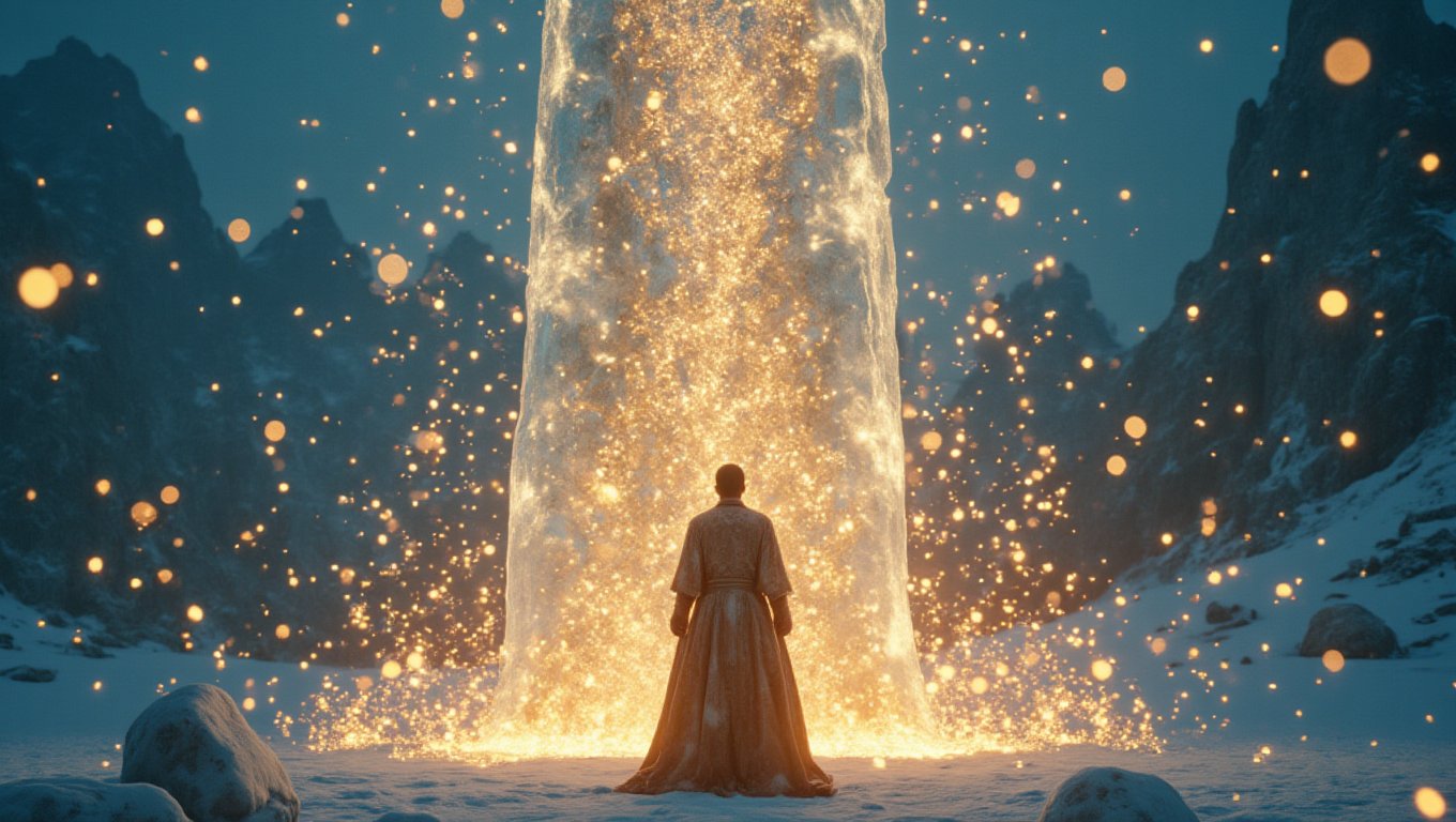 The enigmatic magician, shrouded in an ethereal mother-of-pearl robe adorned with gilded patterns and arcane runes, stands before a towering monolith. With a flick of his wrist, he summons the very winter to his command, manipulating the ice rock's surface with mesmerizing tenebrism and ray-traced reflections. One by one, he delicately lifts shimmering motes of gold dust, the 3D 8K reverse zentagle patterns dancing across the particles as they levitate in the air, captivating the senses.
The air crackles with an undercurrent of dark energy, the shadows cast by the magician's movements elongating and twisting, as if the very fabric of reality bends to his will. Each grain of dust seems to hold a universe within, a kaleidoscope of possibilities waiting to be unleashed.
The scene is one of sinister elegance, a display of power and arcane knowledge that leaves the observer both transfixed and unsettled, uncertain of the magician's true intentions. This is a moment frozen in time, a glimpse into a world where the boundaries between the natural and the supernatural blur, and the very elements themselves bow to the whims of the master of the arcane.