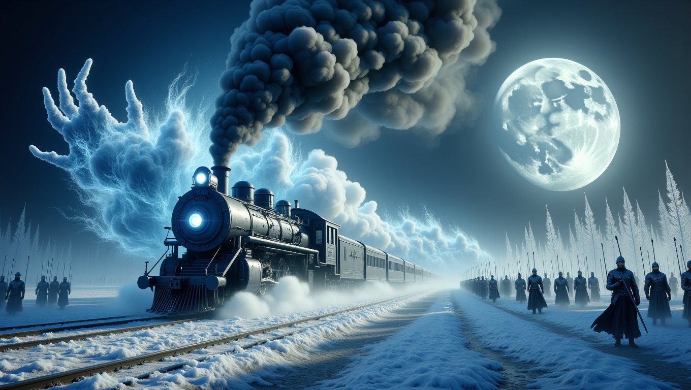 Conjure a haunting spectacle of an ancient steam train barreling down an endless, storm-lashed track, shrouded in swirling mists and shadows. The air crackles with a chilling energy as ghostly, frostbitten hands emerge from the depths of infinity, reaching out to ensnare the train in their icy grip, leaving a trail of frozen devastation in their wake. Surrounding this eerie scene, a desolate landscape blanketed in pristine snow reveals an assembly of elite archers, their expressions steely and resolute. Clad in dark, formidable armor, they unleash a volley of arrows, each one glinting ominously under the moon’s ethereal glow. The moon, a ghostly sentinel, bathes the battlefield in a surreal light, casting elongated shadows that dance across the snow, whispering secrets of an impending clash between the living and the spectral. Immerse the viewer in this dynamic tableau of tension and foreboding, where time itself seems to hang in the balance.