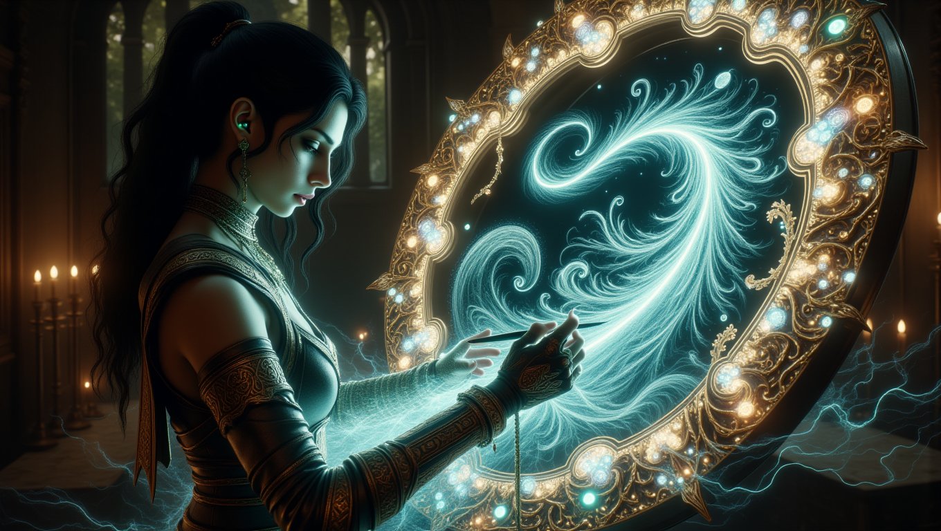 In a dimly lit room, the silhouette of an mage-woman (A black-haired maiden in a leather doublet, high canvas boots with an ornate emerald-gold strap looks into a hologram, which is shown by a modernized web-like picture tube on her left glove) casts a wind spell a winding river and looms over a (pearl-white | mother-of-pearl | colorful) sheet of (paper | wood |pearls and stones) with intertwined (fluorescent | (proton 
laser) optics) shoots that, like a haze, one after another in the order of golden harmony and section follow the entire perimeter connecting into amazing patterns of different wonderful shapes and shades), an otherworldly presence as they wield a brush dipped in (black ink | warm colors ink | cold colors ink). With an almost hypnotic grace, the mage-woman begins to draw a sign of a winding river, its serpentine path diverging into intricate tributaries that weave through the canvas like veins of imagination. Each stroke pulses with life, hinting at the power of creation and the shadows that lurk within. As the river flows, mesmerizing scenes emerge from the depths of the ink. A majestic Asari-adept from the game Mass Effect rests by a tranquil waterfall, its gaze piercing and enigmatic. Nearby, a steadfast quarian-guard (from game Mass Effect) kneels before a regal queen, the tension in the air palpable, as if time itself holds its breath. In the distance, a spaceship soars toward. Side view of the portrait in the style of Mass Effect + Alex Grey + Alphonse Mucha, Jordan Grimmer + Celtic vine 3D art + Byzantine style. Please create without bad and ugly pieces