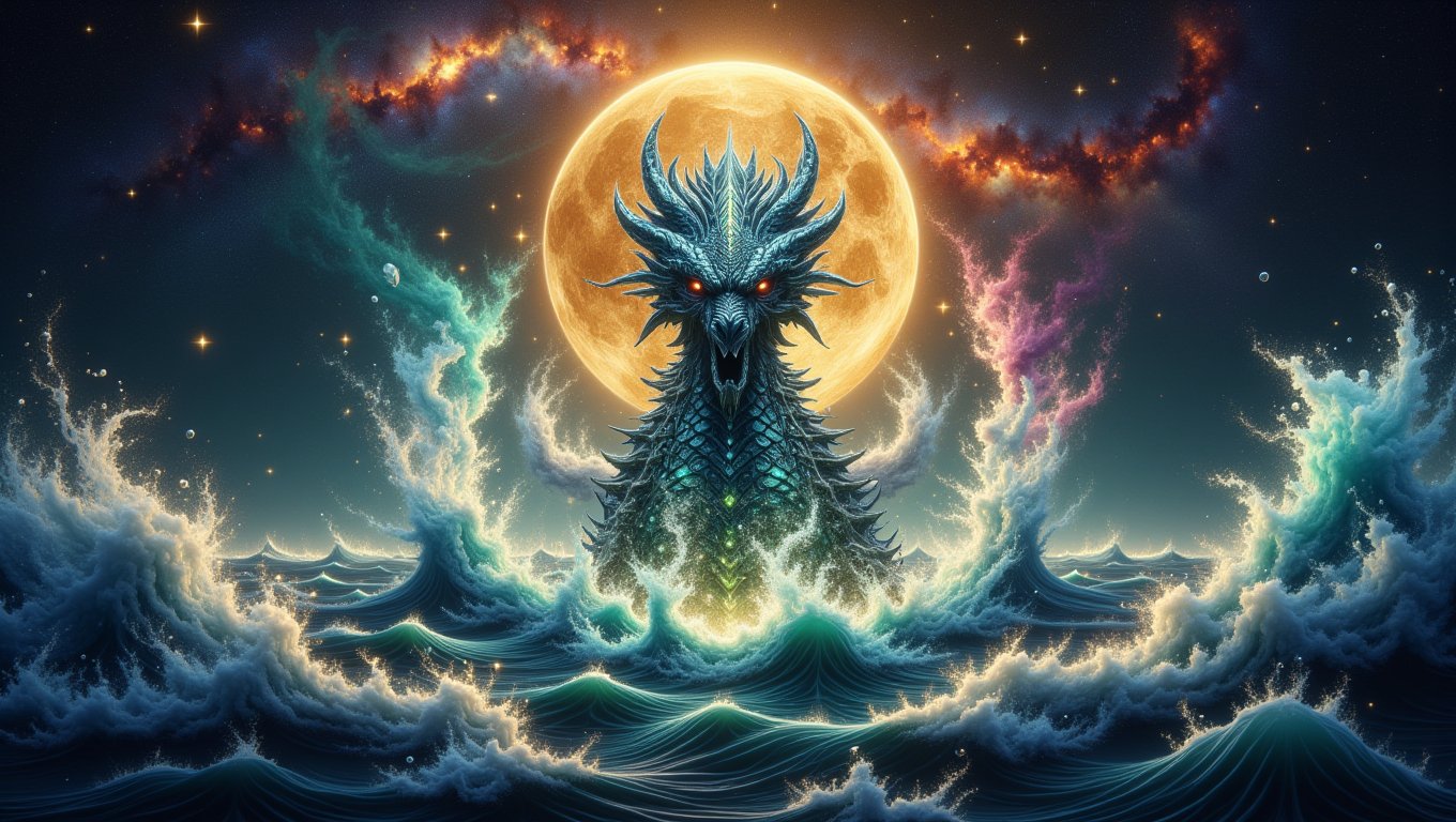 Ground-up view of a magnificent dragon emerging from the depths of the ocean, its powerful form breaking through the surface with a stunning display of swirling water and cascading bubbles. The dragon's scales shimmer like jewels, reflecting the light in hues of deep blues and iridescent greens. Its eyes blaze with fiery intensity, illuminating the dark waters around it. The atmosphere is charged with raw power, as the dragon's majestic presence creates turbulent flurries of dust and water, sending ripples across the ocean's surface. In the background, the ethereal glow of bioluminescent creatures dances in the depths, enhancing the mystical vibe. Clouds of vibrant, swirling colors mimic an explosion of spices, merging with the ocean's waves, creating a surreal masterpiece. The scene balances bright and dark elements, with rim lighting highlighting the dragon's formidable silhouette.Above, a starry galaxy stretches infinitely, with a grunge gold full moon casting its enchanting glow over the entire scene, capturing the essence of this powerful creature's rise. The painting embodies the beauty and might of the ocean's depths, blending fantasy and realism in a breathtaking display.