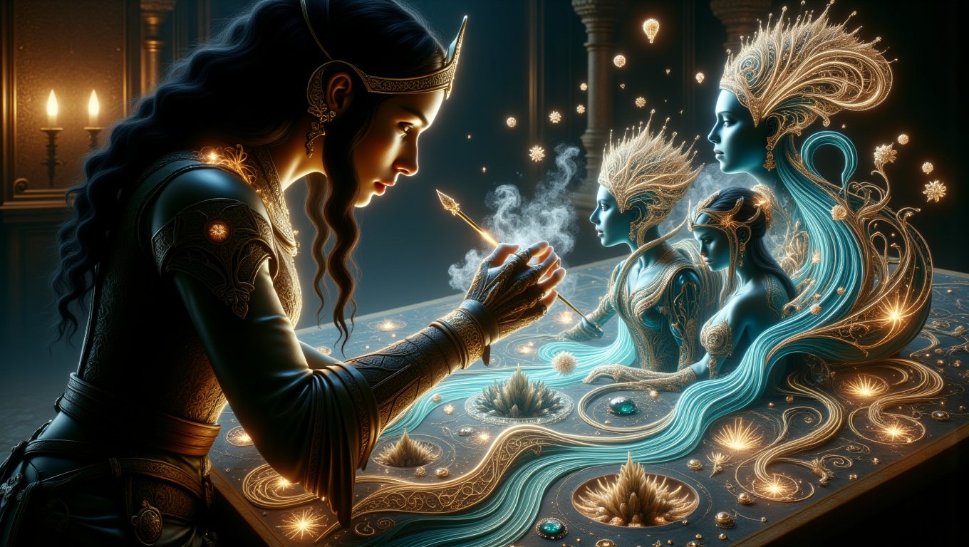 In a dimly lit room, the silhouette of an mage-woman (A black-haired maiden in a leather doublet, high canvas boots with an ornate emerald-gold strap looks into a hologram, which is shown by a modernized web-like picture tube on her left glove) casts a wind spell a winding river and looms over a (pearl-white | mother-of-pearl | colorful) sheet of (paper | wood |pearls and stones) with intertwined (fluorescent | (proton 
laser) optics) shoots that, like a haze, one after another in the order of golden harmony and section follow the entire perimeter connecting into amazing patterns of different wonderful shapes and shades), an otherworldly presence as they wield a brush dipped in (black ink | warm colors ink | cold colors ink). With an almost hypnotic grace, the mage-woman begins to draw a sign of a winding river, its serpentine path diverging into intricate tributaries that weave through the canvas like veins of imagination. Each stroke pulses with life, hinting at the power of creation and the shadows that lurk within. As the river flows, mesmerizing scenes emerge from the depths of the ink. A majestic Asari-adept from the game Mass Effect rests by a tranquil waterfall, its gaze piercing and enigmatic. Nearby, a steadfast quarian-guard (from game Mass Effect) kneels before a regal queen, the tension in the air palpable, as if time itself holds its breath. In the distance, a spaceship soars toward. Side view of the portrait in the style of Mass Effect + Alex Grey + Alphonse Mucha, Jordan Grimmer + Celtic vine 3D art + Byzantine style. Please create without bad and ugly pieces