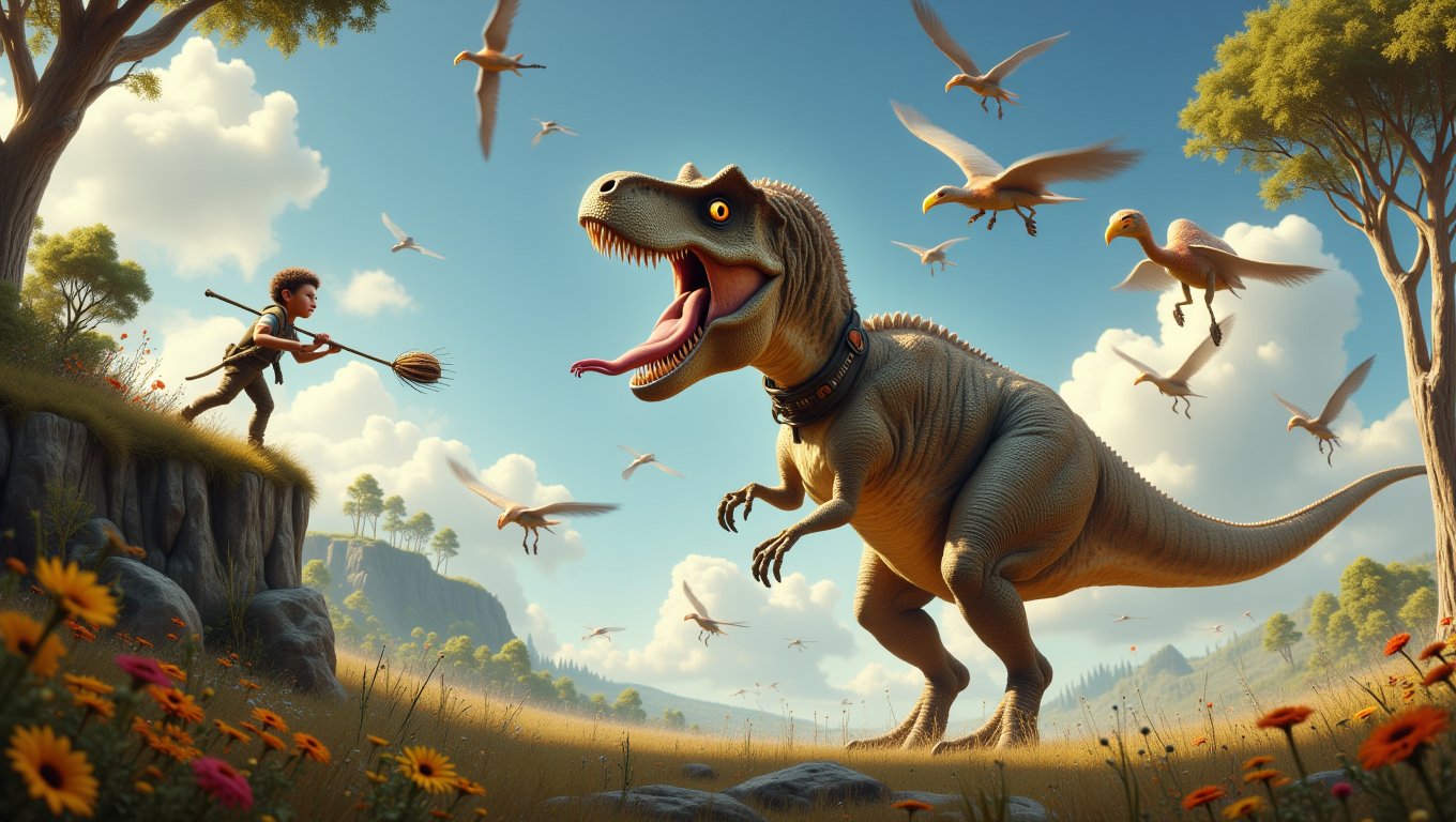 Imagine a scene from the Jurassic period where a little boy hunter, clad in makeshift prehistoric gear, leans over a cliff with a cheeky grin. He flings a stick into the air, and below, a massive Tyrannosaurus rex, sporting a collar and wagging its tail like a playful puppy, races after it. With its huge feet thundering against the ground and its tongue flapping in the wind, this dino is ready to fetch! Above, gigantic bird-like creatures swoop and squawk, perhaps wondering why this T. rex is acting more like a golden retriever than a fierce predator. Meanwhile, bizarre Paleozoic insects scuttle around, eyeing the commotion, and colossal trees tower beside vibrant Jurassic flora, providing a whimsical backdrop to this hilarious dino-boy playdate. Capture the joy and absurdity of a world where dinosaurs are just big, goofy pets!