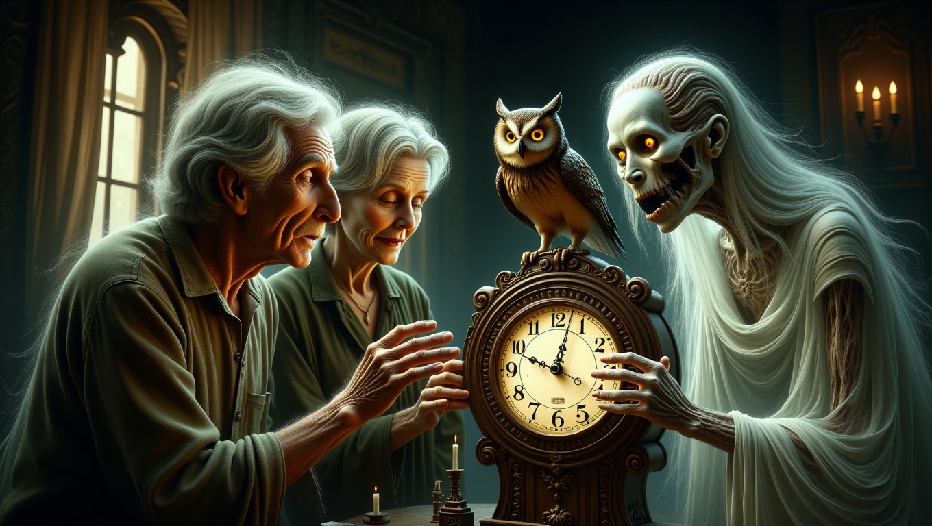 Create a mesmerizing and chilling artwork that encapsulates the eerie essence of time and transformation through a picture...