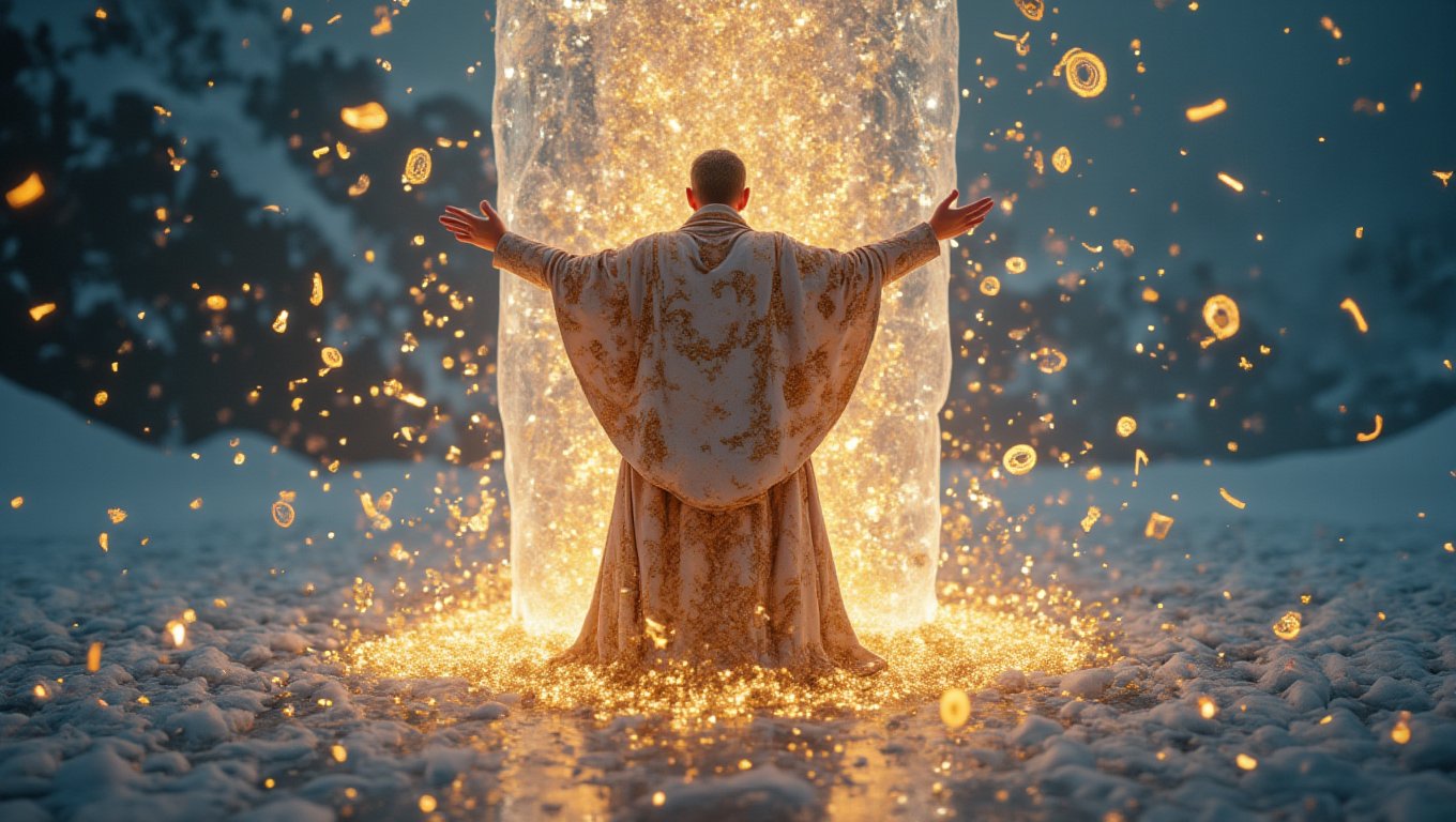 The enigmatic magician, shrouded in an ethereal mother-of-pearl robe adorned with gilded patterns and arcane runes, stands before a towering monolith. With a flick of his wrist, he summons the very winter to his command, manipulating the ice rock's surface with mesmerizing tenebrism and ray-traced reflections. One by one, he delicately lifts shimmering motes of gold dust, the 3D 8K reverse zentagle patterns dancing across the particles as they levitate in the air, captivating the senses.
The air crackles with an undercurrent of dark energy, the shadows cast by the magician's movements elongating and twisting, as if the very fabric of reality bends to his will. Each grain of dust seems to hold a universe within, a kaleidoscope of possibilities waiting to be unleashed.
The scene is one of sinister elegance, a display of power and arcane knowledge that leaves the observer both transfixed and unsettled, uncertain of the magician's true intentions. This is a moment frozen in time, a glimpse into a world where the boundaries between the natural and the supernatural blur, and the very elements themselves bow to the whims of the master of the arcane.