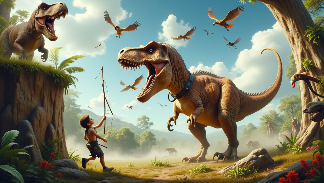 Imagine a scene from the Jurassic period where a little boy hunter, clad in makeshift prehistoric gear, leans over a cliff with a cheeky grin. He flings a stick into the air, and below, a massive Tyrannosaurus rex, sporting a collar and wagging its tail like a playful puppy, races after it. With its huge feet thundering against the ground and its tongue flapping in the wind, this dino is ready to fetch! Above, gigantic bird-like creatures swoop and squawk, perhaps wondering why this T. rex is acting more like a golden retriever than a fierce predator. Meanwhile, bizarre Paleozoic insects scuttle around, eyeing the commotion, and colossal trees tower beside vibrant Jurassic flora, providing a whimsical backdrop to this hilarious dino-boy playdate. Capture the joy and absurdity of a world where dinosaurs are just big, goofy pets!