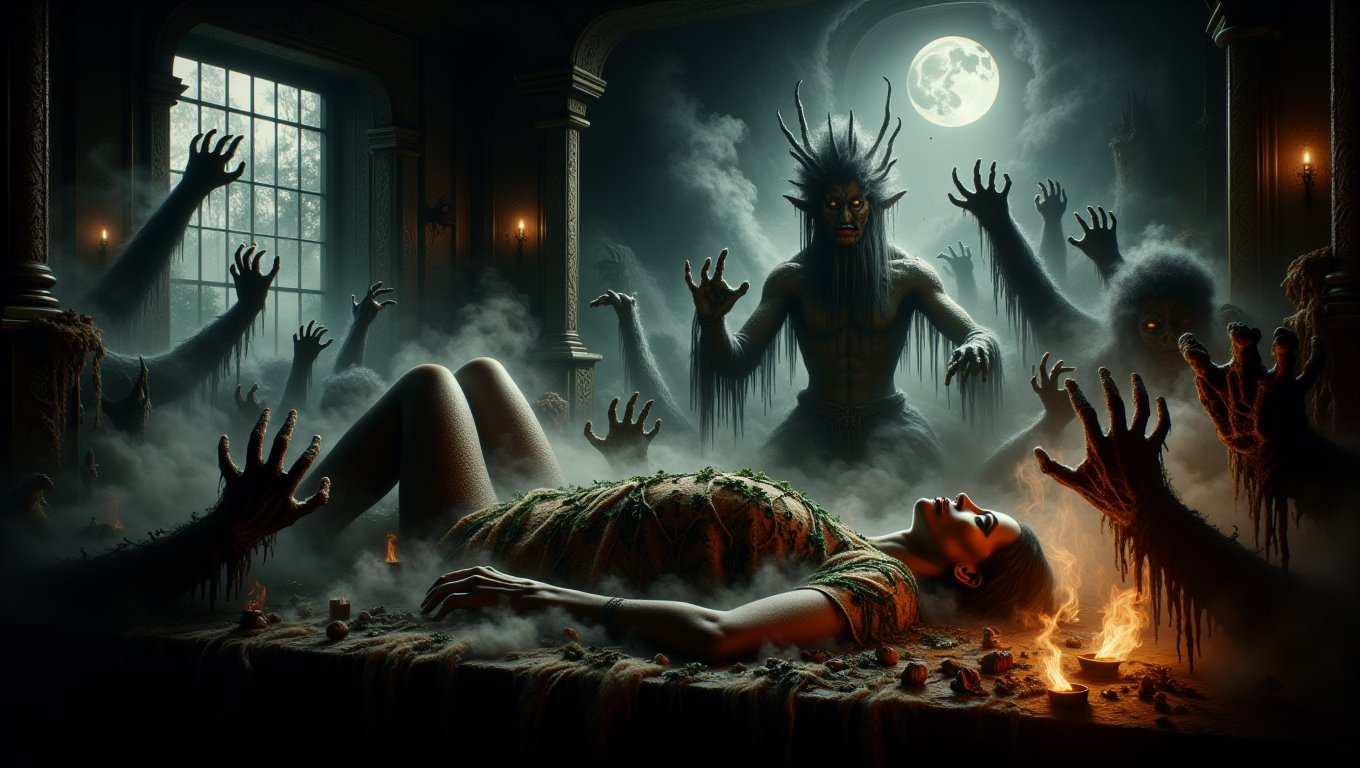 In a dimly lit chamber steeped in the arcane, a haunting ritual unfolds. The air thickens with the scent of burning herbs, as a stunning African Zulu woman lies motionless on an altar draped with ancient voodoo artifacts. Ethereal wisps of smoke curl around her body, swirling like restless spirits. As the moonlight filters through the grimy window, grotesque, decaying hands emerge from the shadows, clawing hungrily for her elusive soul. Outside, the night teems with ominous whispers and dancing silhouettes, where the line between life and death blurs. In this moment of transformation, her essence begins to rise, illuminated by a spectral glow. The currents of the ether pulse around her, creating a dissonant harmony that evokes both ecstasy and dread. Will she succumb to the dark embrace of the undead, or will her spirit find a way to resist the sinister call? Capture the tension, the beauty, and the horror of this otherworldly rite, where the boundaries of mortality are shattered.