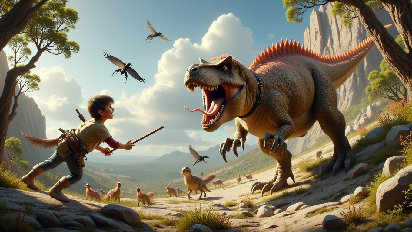 Imagine a scene from the Jurassic period where a little boy hunter, clad in makeshift prehistoric gear, leans over a cliff with a cheeky grin. He flings a stick into the air, and below, a massive Tyrannosaurus rex, sporting a collar and wagging its tail like a playful puppy, races after it. With its huge feet thundering against the ground and its tongue flapping in the wind, this dino is ready to fetch! Above, gigantic bird-like creatures swoop and squawk, perhaps wondering why this T. rex is acting more like a golden retriever than a fierce predator. Meanwhile, bizarre Paleozoic insects scuttle around, eyeing the commotion, and colossal trees tower beside vibrant Jurassic flora, providing a whimsical backdrop to this hilarious dino-boy playdate. Capture the joy and absurdity of a world where dinosaurs are just big, goofy pets!