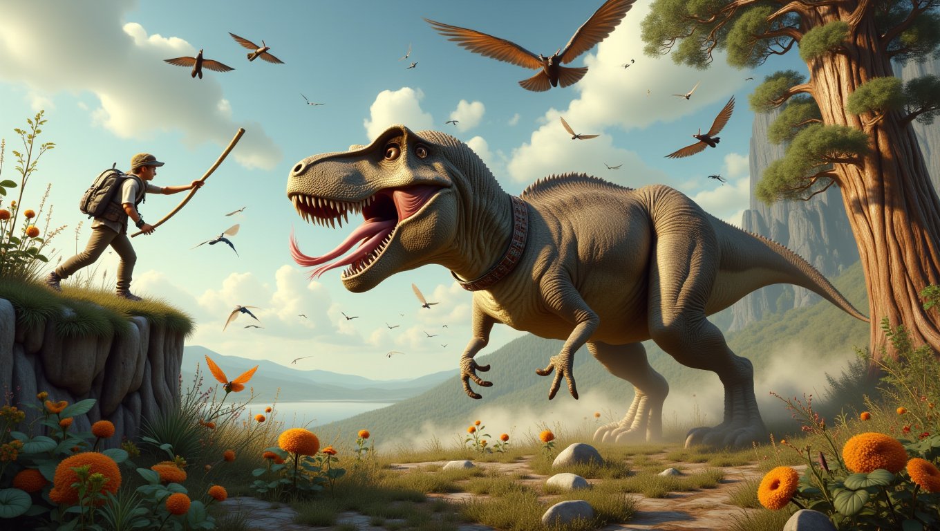 Imagine a scene from the Jurassic period where a little boy hunter, clad in makeshift prehistoric gear, leans over a cliff with a cheeky grin. He flings a stick into the air, and below, a massive Tyrannosaurus rex, sporting a collar and wagging its tail like a playful puppy, races after it. With its huge feet thundering against the ground and its tongue flapping in the wind, this dino is ready to fetch! Above, gigantic bird-like creatures swoop and squawk, perhaps wondering why this T. rex is acting more like a golden retriever than a fierce predator. Meanwhile, bizarre Paleozoic insects scuttle around, eyeing the commotion, and colossal trees tower beside vibrant Jurassic flora, providing a whimsical backdrop to this hilarious dino-boy playdate. Capture the joy and absurdity of a world where dinosaurs are just big, goofy pets!