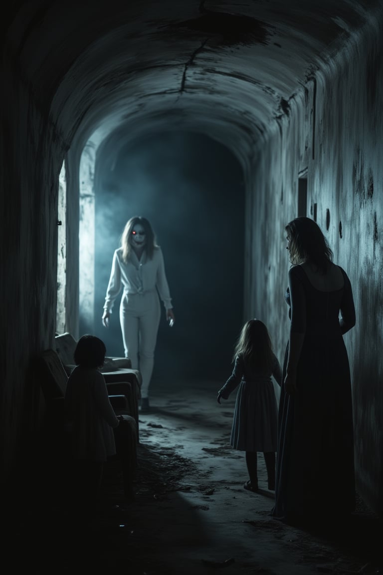 A female vampire, pale and menacing, crawls out of a broken cellar with elongated fangs, her eyes glowing red. She is surrounded by voluminous light and deep shadows, creating a horror-filled atmosphere. Not far from her, children cower in terror behind their mother, who looks warily at the vampire. The room is dimly lit, with old, creaky furniture, and the walls are cracked, adding to the sense of inexorability. The scene is framed to emphasize the vampire's emergence and the family's fear.