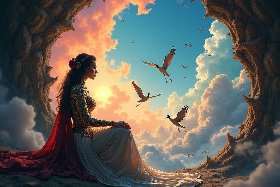 Amidst a swirling tempest of colors and shapes, a striking secular woman—whether a sorceress with shimmering energy, a warrior clad in intricately ornate medieval armor, or a cleric draped in luxurious, flowing home attire—sits gracefully by a warped window. The glass distorts her reflection as she gazes into a chaotic sky, where fantastical creatures soar: cranes with iridescent feathers, graceful roe deer with ethereal wings, swift, darting forms like fleeting shadows, and majestic dragons with scales gleaming like shards of shattered glass. The sky itself is a tumultuous canvas, alternating between the serene blush of dawn, the menacing swirl of thunderclouds crackling with energy, and the piercing brightness of a sunlit day, all converging in a dizzying dance. Capture this scene in the intricate and mind-bending style of M.C. Escher, where reality twists and spirals, challenging perception and inviting wonder. Also give the sorceress outfit a Byzantine twist with patterned cutouts and gorgeous embroidery. And go deep into the subconscious with Chris Haas' style.