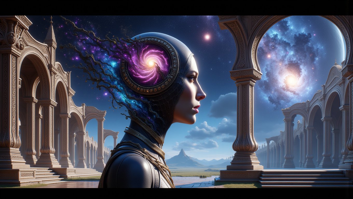 Generate a detailed side profile portrait of a Prothean adept, a character from the game 'Mass Effect.' The Prothean's face should appear organically integrated into a grand sanctuary landscape, where the character's features harmonize with the surrounding architecture. Design the scene with intricate ornate arches and soaring high colonnades that reflect the advanced and ancient nature of Prothean civilization.
In the background, illustrate a cosmic vista showcasing stunning planetary events, such as vibrant nebulae, swirling galaxies, and distant stars, all visible on the horizon above the sanctuary. These celestial elements should enhance the otherworldly atmosphere of the scene.
Incorporate stylistic elements inspired by the aesthetics of 'Mass Effect,' ensuring that the Prothean's unique characteristics are highlighted, such as their elongated head and distinctive facial features. Additionally, intertwine motifs reminiscent of Celtic vine patterns throughout the architecture, adding a layer of intricate detail that complements the Byzantine-inspired elements of the sanctuary.
The overall composition should evoke a sense of ancient wisdom, grandeur, and the vastness of space, drawing viewers into a mesmerizing realm where the Prothean adept stands as a symbol of lost knowledge and power.