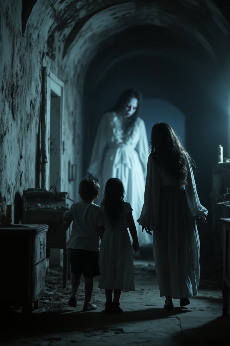 A female vampire, pale and menacing, crawls out of a broken cellar with elongated fangs, her eyes glowing red. She is surrounded by voluminous light and deep shadows, creating a horror-filled atmosphere. Not far from her, children cower in terror behind their mother, who looks warily at the vampire. The room is dimly lit, with old, creaky furniture, and the walls are cracked, adding to the sense of inexorability. The scene is framed to emphasize the vampire's emergence and the family's fear.