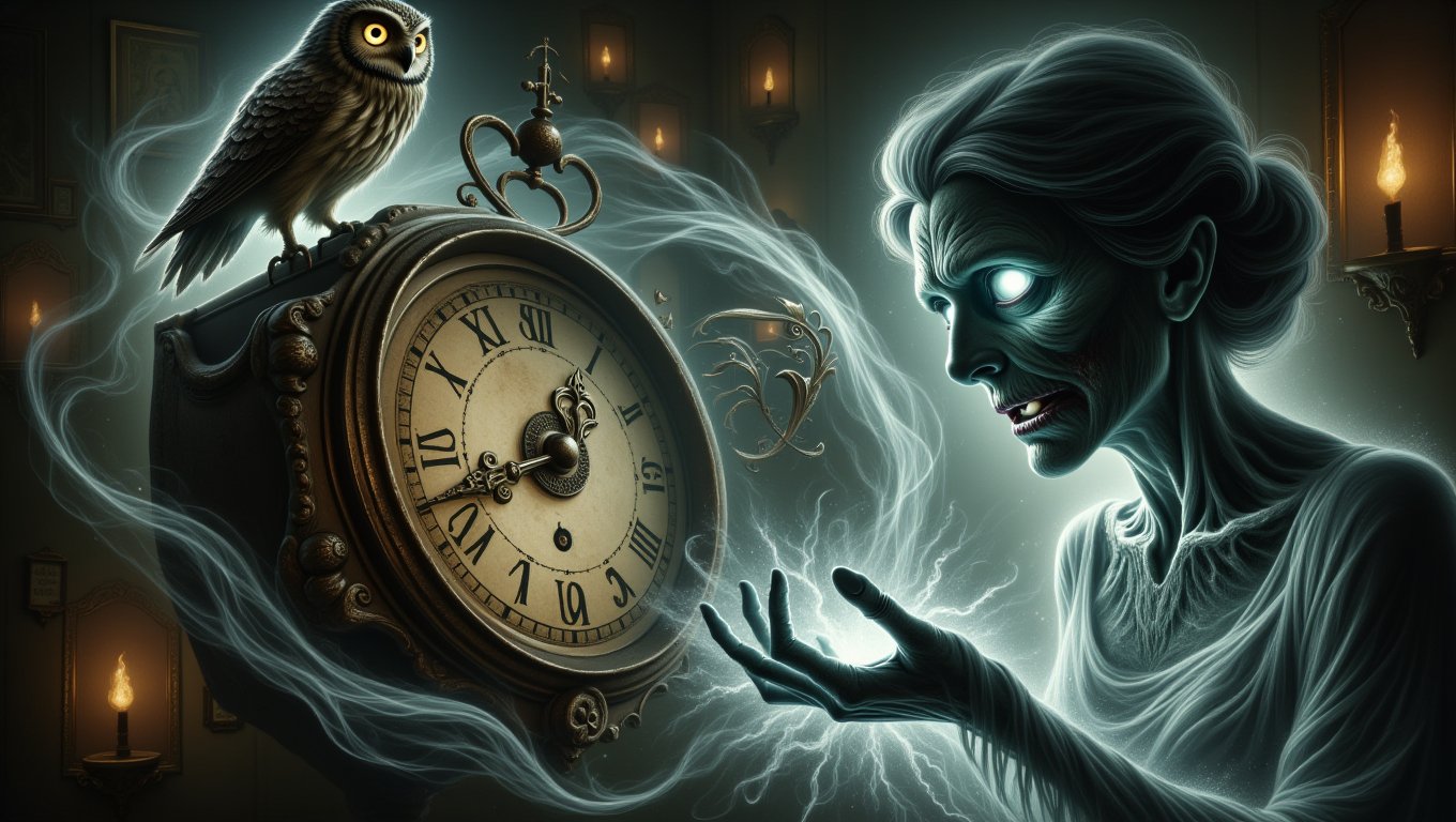 Create a mesmerizing and chilling artwork that encapsulates the eerie essence of time and transformation through a picture...