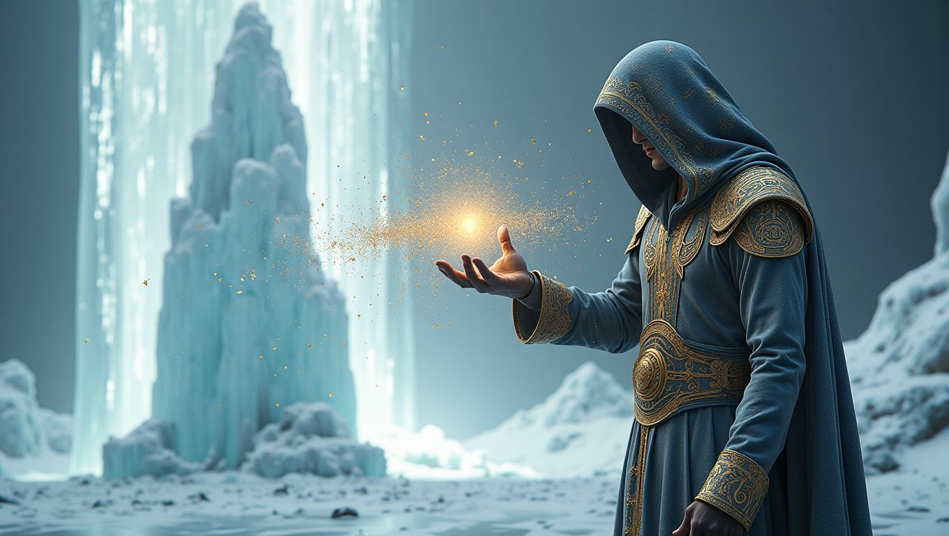 The enigmatic magician, shrouded in an ethereal mother-of-pearl robe adorned with gilded patterns and arcane runes, stands before a towering monolith. With a flick of his wrist, he summons the very winter to his command, manipulating the ice rock's surface with mesmerizing tenebrism and ray-traced reflections. One by one, he delicately lifts shimmering motes of gold dust, the 3D 8K reverse zentagle patterns dancing across the particles as they levitate in the air, captivating the senses.
The air crackles with an undercurrent of dark energy, the shadows cast by the magician's movements elongating and twisting, as if the very fabric of reality bends to his will. Each grain of dust seems to hold a universe within, a kaleidoscope of possibilities waiting to be unleashed.
The scene is one of sinister elegance, a display of power and arcane knowledge that leaves the observer both transfixed and unsettled, uncertain of the magician's true intentions. This is a moment frozen in time, a glimpse into a world where the boundaries between the natural and the supernatural blur, and the very elements themselves bow to the whims of the master of the arcane.