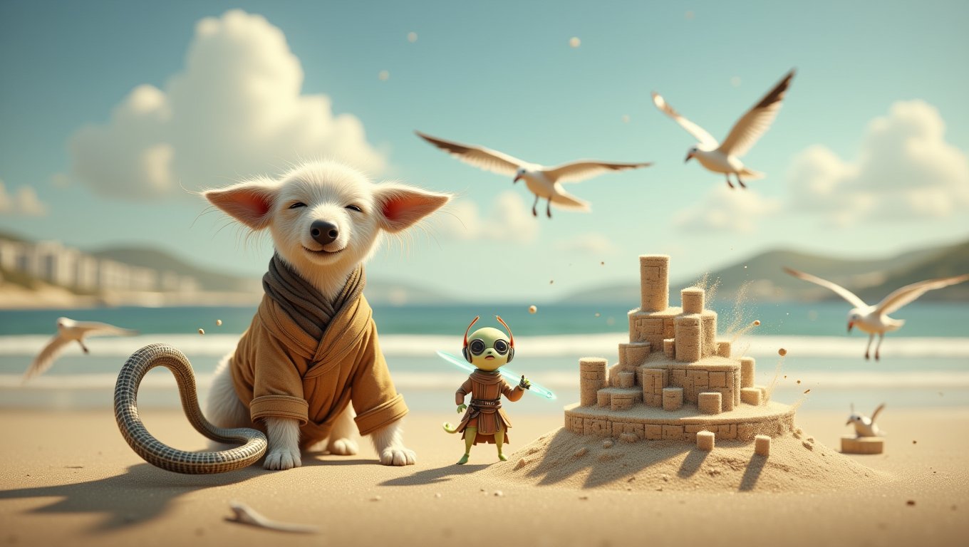 Picture this: a pint-sized ant, decked out in a tiny Jedi robe and Yoda ears, decides it’s time to spice up a lazy day at the beach. With a flick of his miniature lightsaber, he casts a spell on a snoozing dog’s tail, transforming it into a wiggly boa constrictor! As the dog dreams of chasing squirrels, its tail starts to groove and slither around a meticulously crafted sand castle, causing a hilarious chain reaction of beach chaos. Seagulls dive-bomb, beachgoers stare in disbelief, and the ant’s master plan to become the ‘Sandy Sith’ unfolds! Will the tail's dance bring fame or just a whole lot of sandy confusion?