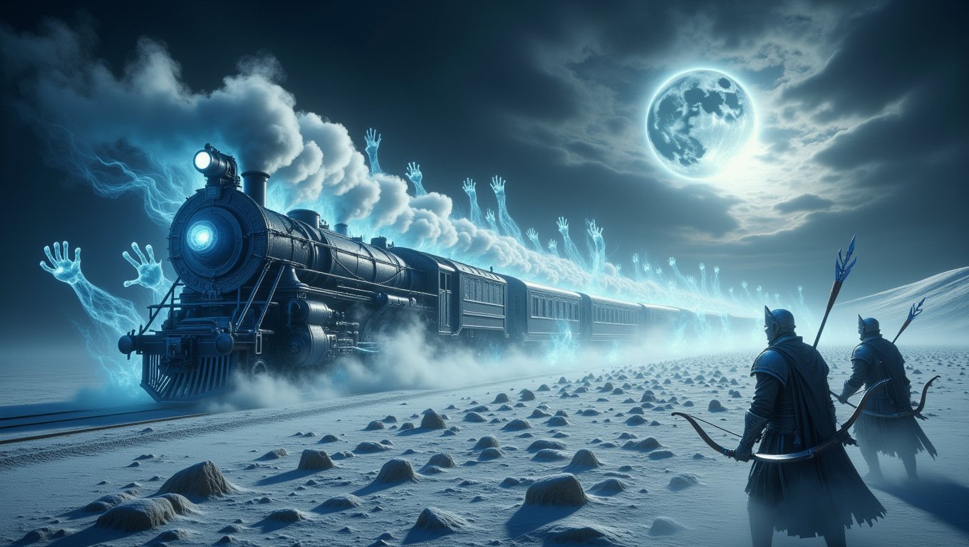 Conjure a haunting spectacle of an ancient steam train barreling down an endless, storm-lashed track, shrouded in swirling mists and shadows. The air crackles with a chilling energy as ghostly, frostbitten hands emerge from the depths of infinity, reaching out to ensnare the train in their icy grip, leaving a trail of frozen devastation in their wake. Surrounding this eerie scene, a desolate landscape blanketed in pristine snow reveals an assembly of elite archers, their expressions steely and resolute. Clad in dark, formidable armor, they unleash a volley of arrows, each one glinting ominously under the moon’s ethereal glow. The moon, a ghostly sentinel, bathes the battlefield in a surreal light, casting elongated shadows that dance across the snow, whispering secrets of an impending clash between the living and the spectral. Immerse the viewer in this dynamic tableau of tension and foreboding, where time itself seems to hang in the balance.