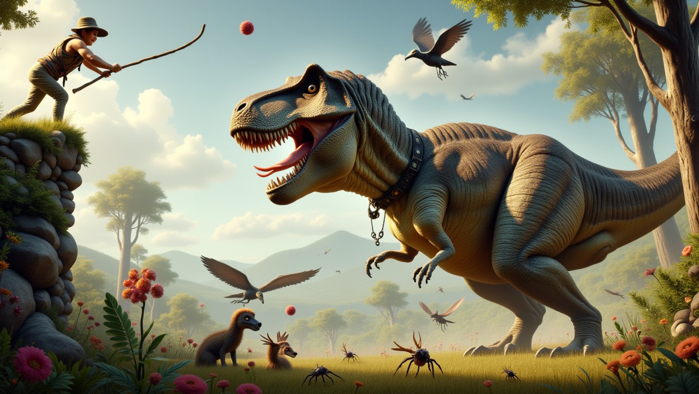 Imagine a scene from the Jurassic period where a little boy hunter, clad in makeshift prehistoric gear, leans over a cliff with a cheeky grin. He flings a stick into the air, and below, a massive Tyrannosaurus rex, sporting a collar and wagging its tail like a playful puppy, races after it. With its huge feet thundering against the ground and its tongue flapping in the wind, this dino is ready to fetch! Above, gigantic bird-like creatures swoop and squawk, perhaps wondering why this T. rex is acting more like a golden retriever than a fierce predator. Meanwhile, bizarre Paleozoic insects scuttle around, eyeing the commotion, and colossal trees tower beside vibrant Jurassic flora, providing a whimsical backdrop to this hilarious dino-boy playdate. Capture the joy and absurdity of a world where dinosaurs are just big, goofy pets!