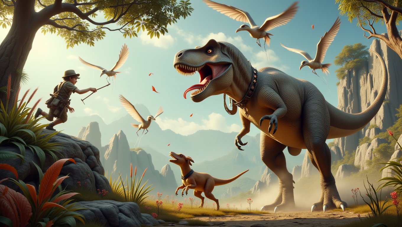 Imagine a scene from the Jurassic period where a little boy hunter, clad in makeshift prehistoric gear, leans over a cliff with a cheeky grin. He flings a stick into the air, and below, a massive Tyrannosaurus rex, sporting a collar and wagging its tail like a playful puppy, races after it. With its huge feet thundering against the ground and its tongue flapping in the wind, this dino is ready to fetch! Above, gigantic bird-like creatures swoop and squawk, perhaps wondering why this T. rex is acting more like a golden retriever than a fierce predator. Meanwhile, bizarre Paleozoic insects scuttle around, eyeing the commotion, and colossal trees tower beside vibrant Jurassic flora, providing a whimsical backdrop to this hilarious dino-boy playdate. Capture the joy and absurdity of a world where dinosaurs are just big, goofy pets!