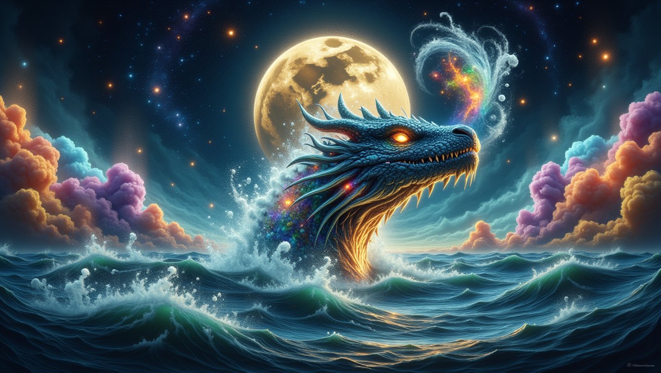 Ground-up view of a magnificent dragon emerging from the depths of the ocean, its powerful form breaking through the surface with a stunning display of swirling water and cascading bubbles. The dragon's scales shimmer like jewels, reflecting the light in hues of deep blues and iridescent greens. Its eyes blaze with fiery intensity, illuminating the dark waters around it. The atmosphere is charged with raw power, as the dragon's majestic presence creates turbulent flurries of dust and water, sending ripples across the ocean's surface. In the background, the ethereal glow of bioluminescent creatures dances in the depths, enhancing the mystical vibe. Clouds of vibrant, swirling colors mimic an explosion of spices, merging with the ocean's waves, creating a surreal masterpiece. The scene balances bright and dark elements, with rim lighting highlighting the dragon's formidable silhouette.Above, a starry galaxy stretches infinitely, with a grunge gold full moon casting its enchanting glow over the entire scene, capturing the essence of this powerful creature's rise. The painting embodies the beauty and might of the ocean's depths, blending fantasy and realism in a breathtaking display.