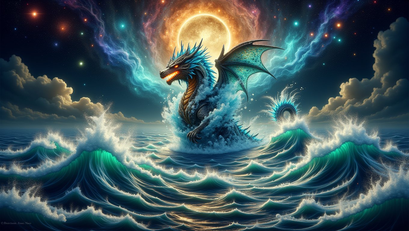 Ground-up view of a magnificent dragon emerging from the depths of the ocean, its powerful form breaking through the surface with a stunning display of swirling water and cascading bubbles. The dragon's scales shimmer like jewels, reflecting the light in hues of deep blues and iridescent greens. Its eyes blaze with fiery intensity, illuminating the dark waters around it.The atmosphere is charged with raw power, as the dragon's majestic presence creates turbulent flurries of dust and water, sending ripples across the ocean's surface. In the background, the ethereal glow of bioluminescent creatures dances in the depths, enhancing the mystical vibe.Clouds of vibrant, swirling colors mimic an explosion of spices, merging with the ocean's waves, creating a surreal masterpiece. The scene balances bright and dark elements, with rim lighting highlighting the dragon's formidable silhouette.Above, a starry galaxy stretches infinitely, with a grunge gold full moon casting its enchanting glow over the entire scene, capturing the essence of this powerful creature's rise. The painting embodies the beauty and might of the ocean's depths, blending fantasy and realism in a breathtaking display.