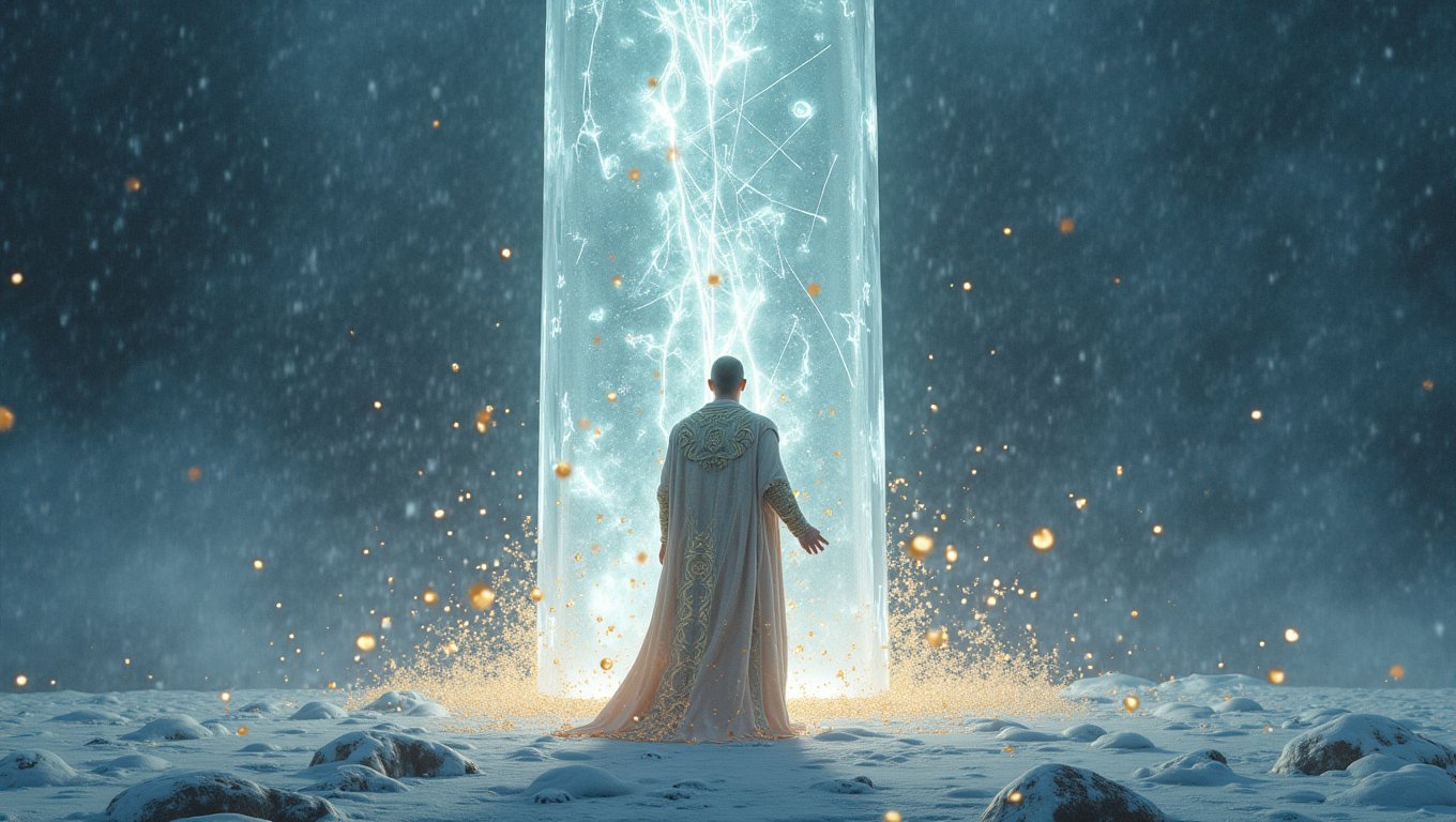 The enigmatic magician, shrouded in an ethereal mother-of-pearl robe adorned with gilded patterns and arcane runes, stands before a towering monolith. With a flick of his wrist, he summons the very winter to his command, manipulating the ice rock's surface with mesmerizing tenebrism and ray-traced reflections. One by one, he delicately lifts shimmering motes of gold dust, the 3D 8K reverse zentagle patterns dancing across the particles as they levitate in the air, captivating the senses.
The air crackles with an undercurrent of dark energy, the shadows cast by the magician's movements elongating and twisting, as if the very fabric of reality bends to his will. Each grain of dust seems to hold a universe within, a kaleidoscope of possibilities waiting to be unleashed.
The scene is one of sinister elegance, a display of power and arcane knowledge that leaves the observer both transfixed and unsettled, uncertain of the magician's true intentions. This is a moment frozen in time, a glimpse into a world where the boundaries between the natural and the supernatural blur, and the very elements themselves bow to the whims of the master of the arcane.