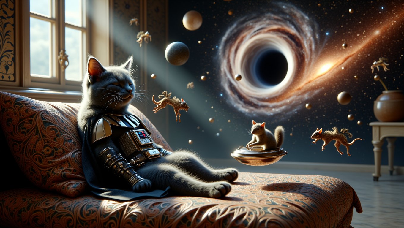 Amidst a chamber adorned with intricate ceramic mosaics that gleam under starlight streaming through a nearby window, a kitten reclines regally upon a silken cushion, its tiny paws sprawled in luxurious abandon. Within the depths of its slumbering mind, a fantastical vision unfolds: the kitten transforms into the formidable Cat Darth Vader, cloaked in a miniature, yet fearsome, armor of obsidian black. Heralding his journey across the cosmic tapestry, he commands a sleek, bowl-shaped starship, its metallic sheen reflecting the swirling galaxies beyond.
Whirling around him are whimsical phalanxes of flying mice, their translucent wings glistening like silver filigree under the glow of distant suns. A valiant squirrel navigates the celestial expanse beside him, piloting a wooden branch meticulously retrofitted as a nimble star cruiser, its trajectory aligned with a colossal, acorn-shaped asteroid that spirals through space like a majestic comet.
In the distance, a mesmerizing black hole looms, its edges shimmering with the iridescent hues of the Andromeda Nebula, entwined with the glowing tendrils of the Milky Way. These celestial wonders cast an ethereal light over the cosmic arena, as if the universe itself were an artist, painting its masterpiece. The kitten, now a galactic conqueror, charts a course through this sublime cosmos, where dreams and reality merge into an epic saga of feline valor and interstellar adventure.