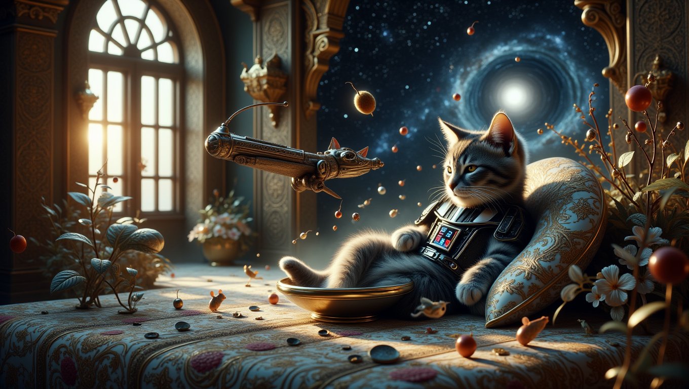 Amidst a chamber adorned with intricate ceramic mosaics that gleam under starlight streaming through a nearby window, a kitten reclines regally upon a silken cushion, its tiny paws sprawled in luxurious abandon. Within the depths of its slumbering mind, a fantastical vision unfolds: the kitten transforms into the formidable Cat Darth Vader, cloaked in a miniature, yet fearsome, armor of obsidian black. Heralding his journey across the cosmic tapestry, he commands a sleek, bowl-shaped starship, its metallic sheen reflecting the swirling galaxies beyond.
Whirling around him are whimsical phalanxes of flying mice, their translucent wings glistening like silver filigree under the glow of distant suns. A valiant squirrel navigates the celestial expanse beside him, piloting a wooden branch meticulously retrofitted as a nimble star cruiser, its trajectory aligned with a colossal, acorn-shaped asteroid that spirals through space like a majestic comet.
In the distance, a mesmerizing black hole looms, its edges shimmering with the iridescent hues of the Andromeda Nebula, entwined with the glowing tendrils of the Milky Way. These celestial wonders cast an ethereal light over the cosmic arena, as if the universe itself were an artist, painting its masterpiece. The kitten, now a galactic conqueror, charts a course through this sublime cosmos, where dreams and reality merge into an epic saga of feline valor and interstellar adventure.