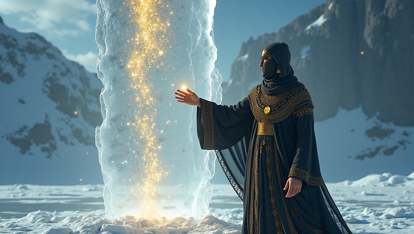 The enigmatic magician, shrouded in an ethereal mother-of-pearl robe adorned with gilded patterns and arcane runes, stands before a towering monolith. With a flick of his wrist, he summons the very winter to his command, manipulating the ice rock's surface with mesmerizing tenebrism and ray-traced reflections. One by one, he delicately lifts shimmering motes of gold dust, the 3D 8K reverse zentagle patterns dancing across the particles as they levitate in the air, captivating the senses.
The air crackles with an undercurrent of dark energy, the shadows cast by the magician's movements elongating and twisting, as if the very fabric of reality bends to his will. Each grain of dust seems to hold a universe within, a kaleidoscope of possibilities waiting to be unleashed.
The scene is one of sinister elegance, a display of power and arcane knowledge that leaves the observer both transfixed and unsettled, uncertain of the magician's true intentions. This is a moment frozen in time, a glimpse into a world where the boundaries between the natural and the supernatural blur, and the very elements themselves bow to the whims of the master of the arcane.