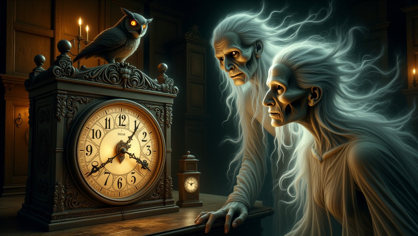 Create a mesmerizing and chilling artwork that encapsulates the eerie essence of time and transformation through a picture...