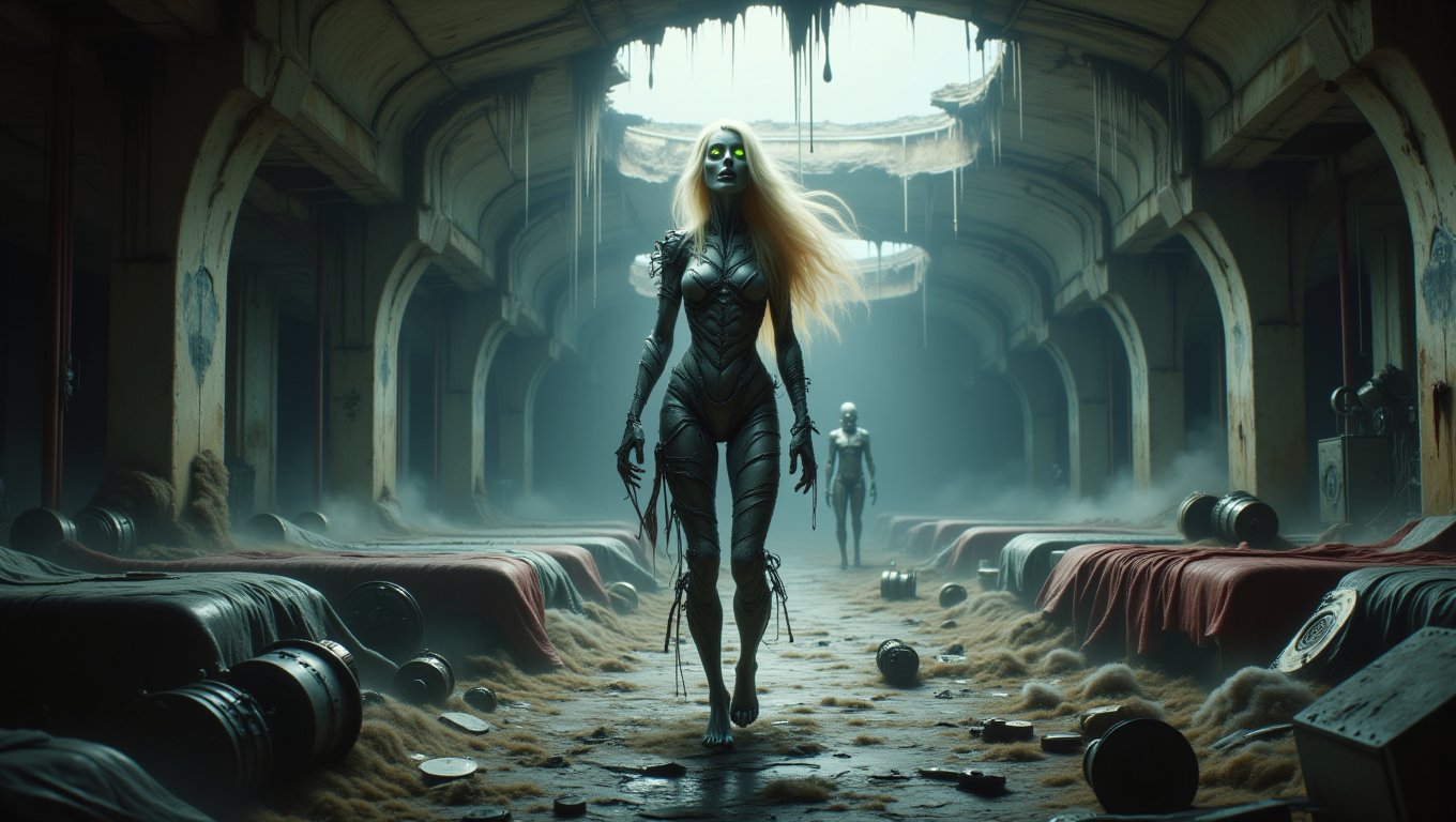 Craft an image of a strikingly beautiful European woman with flowing blonde hair, her once-vibrant essence now twisted into a hauntingly alluring figure — a beautifully grotesque zombie fused with cybernetic enhancements reminiscent of the Mass Effect universe. She stands within the decaying remnants of a futuristic housing hangar, where shadows writhe and stretch ominously in the pale moonlight filtering through a gaping hole in the roof. Her tattered research suit clings to her figure, stained and frayed, hinting at the chaos that unfolded.
The space is a graveyard of technology; engineering tools and medical devices lie scattered like forgotten memories, while overturned bunks loom like specters of despair. The air is thick with a suffocating silence, broken only by the distant, mechanical whispers of Reapers patrolling the darkened corners, their cold, glowing eyes casting an eerie luminescence against the thick pillars of dust that dance in the air. Capture the tension and dread as the remnants of humanity and the relentless march of technology collide in this haunting scene, where beauty and horror intertwine in a sinister ballet.