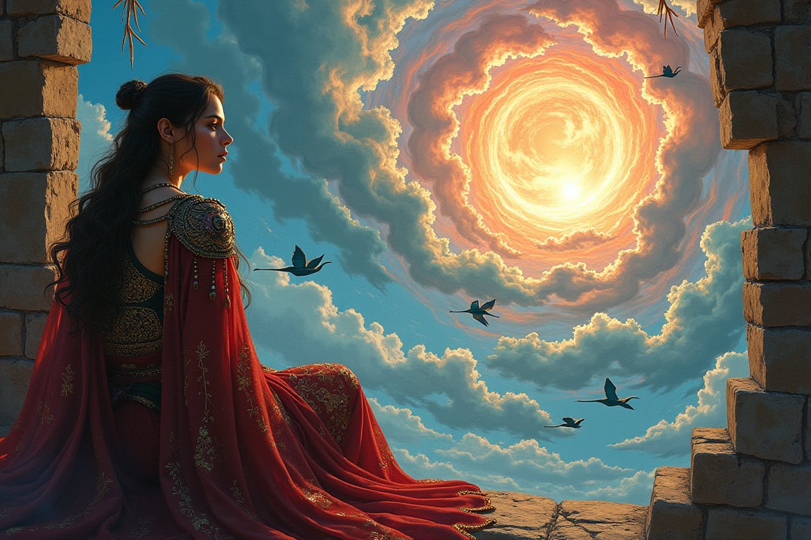 Amidst a swirling tempest of colors and shapes, a striking secular woman—whether a sorceress with shimmering energy, a warrior clad in intricately ornate medieval armor, or a cleric draped in luxurious, flowing home attire—sits gracefully by a warped window. The glass distorts her reflection as she gazes into a chaotic sky, where fantastical creatures soar: cranes with iridescent feathers, graceful roe deer with ethereal wings, swift, darting forms like fleeting shadows, and majestic dragons with scales gleaming like shards of shattered glass. The sky itself is a tumultuous canvas, alternating between the serene blush of dawn, the menacing swirl of thunderclouds crackling with energy, and the piercing brightness of a sunlit day, all converging in a dizzying dance. Capture this scene in the intricate and mind-bending style of M.C. Escher, where reality twists and spirals, challenging perception and inviting wonder. Also give the sorceress outfit a Byzantine twist with patterned cutouts and gorgeous embroidery. And go deep into the subconscious with Chris Haas' style.