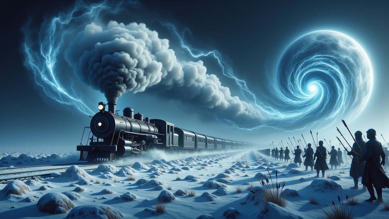 Conjure a haunting spectacle of an ancient steam train barreling down an endless, storm-lashed track, shrouded in swirling mists and shadows. The air crackles with a chilling energy as ghostly, frostbitten hands emerge from the depths of infinity, reaching out to ensnare the train in their icy grip, leaving a trail of frozen devastation in their wake. Surrounding this eerie scene, a desolate landscape blanketed in pristine snow reveals an assembly of elite archers, their expressions steely and resolute. Clad in dark, formidable armor, they unleash a volley of arrows, each one glinting ominously under the moon’s ethereal glow. The moon, a ghostly sentinel, bathes the battlefield in a surreal light, casting elongated shadows that dance across the snow, whispering secrets of an impending clash between the living and the spectral. Immerse the viewer in this dynamic tableau of tension and foreboding, where time itself seems to hang in the balance.