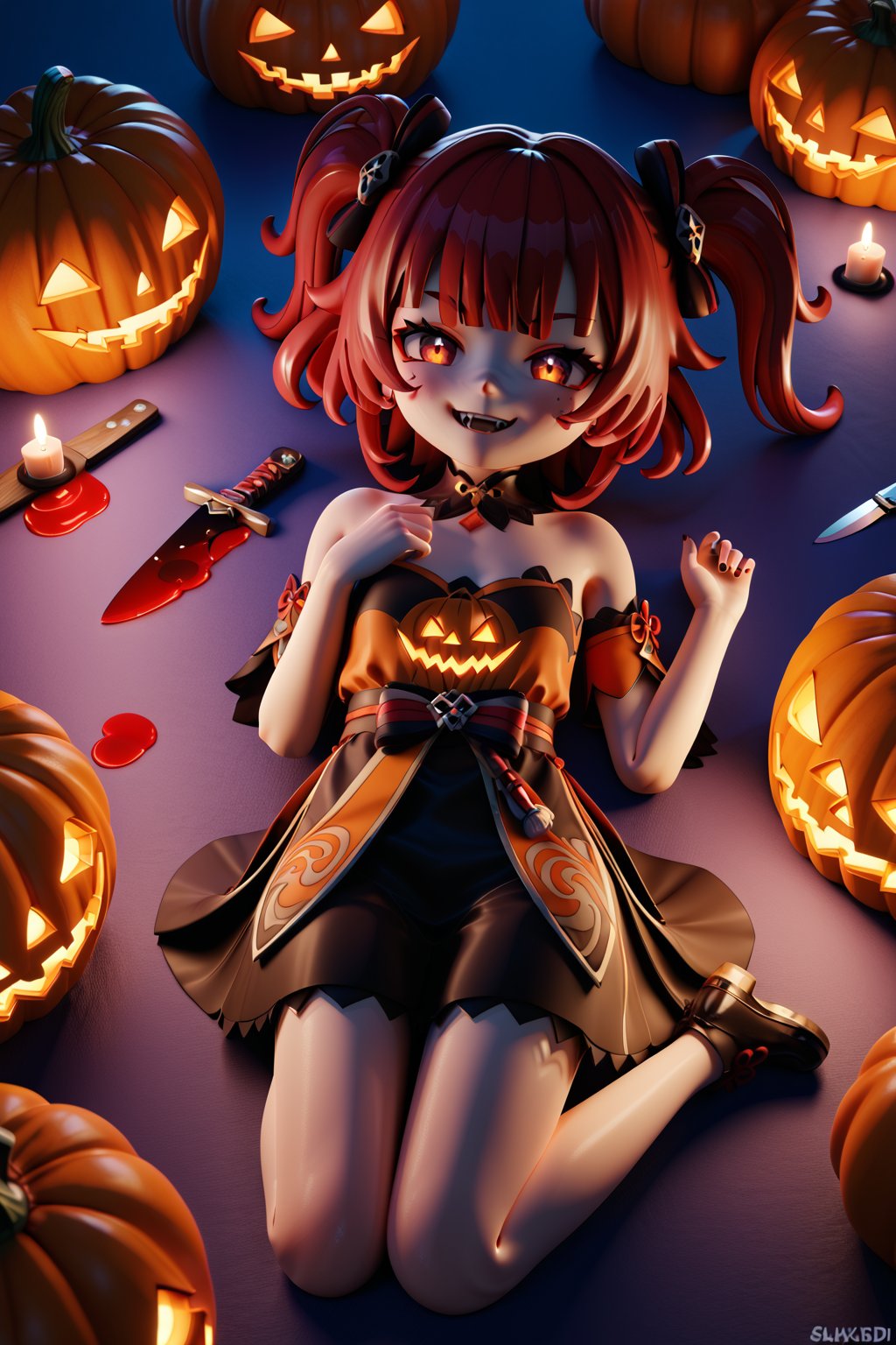 Halloween, Genshin Impact, sayu, Chucky's clothes, knife with red jam, lying face to a pumpkin, evil face, Kneeling, giant cala aza, I have not, warm lights, 3d body,