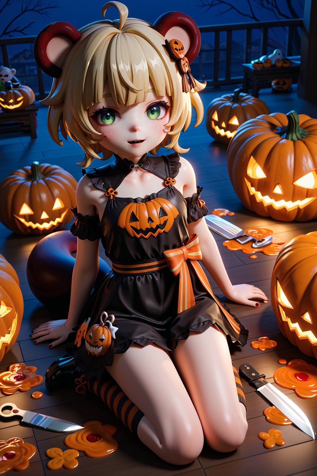 Halloween, Genshin Impact, sayu, little girl, Big head, small body, big green eyes, blonde hair, short hair, tail and tanuki ears, Chucky's clothes, Plastic knife stained with strawberry jam, lying face to a pumpkin, evil face, Kneeling, giant cala aza, I have not, warm lights, 3d body, Red jam on the floor, jam on the pumpkin, sitting