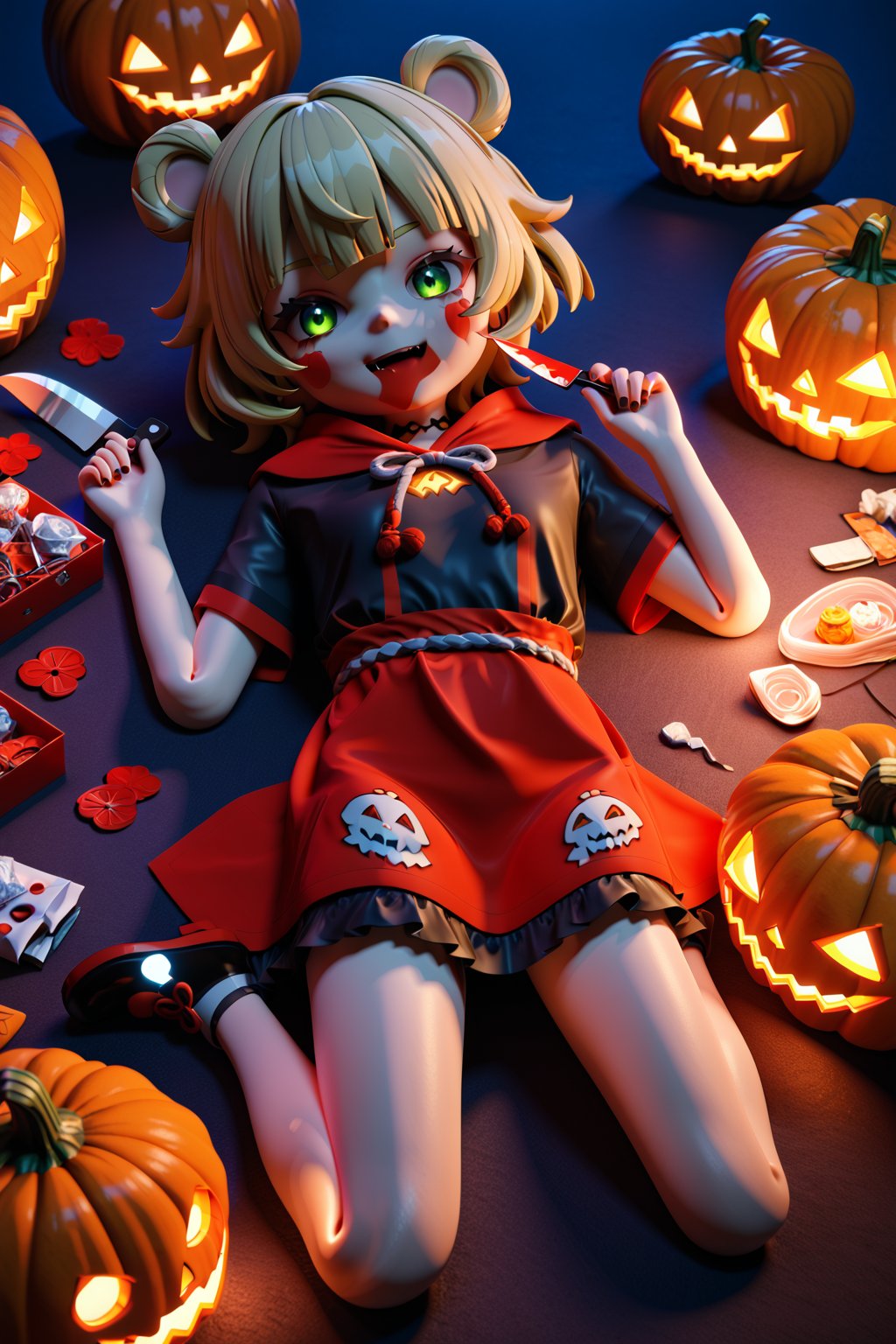 Halloween, Genshin Impact, sayu, little girl, Big head, small body, big green eyes, blonde hair, short hair, tail and tanuki ears, Chucky's clothes, Plastic knife with red jam, lying face to a pumpkin, evil face, Kneeling, giant cala aza, I have not, warm lights, 3d body,