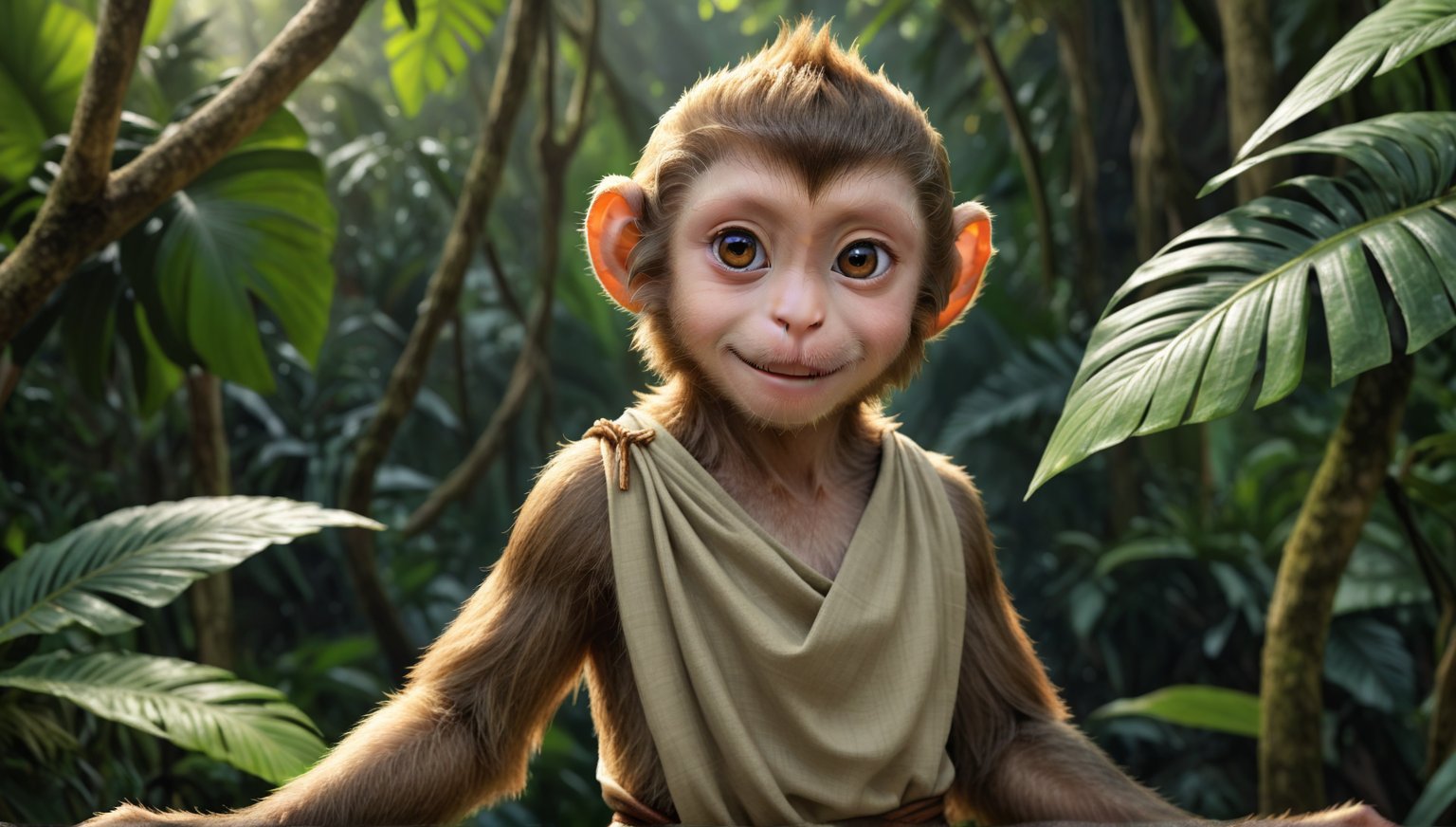 A juvenile monkey dressed in very simple style plain cloth tunic,  
very happy, detailed eyes, photorealistic,  in a lush jungle.
ancient times.
furry