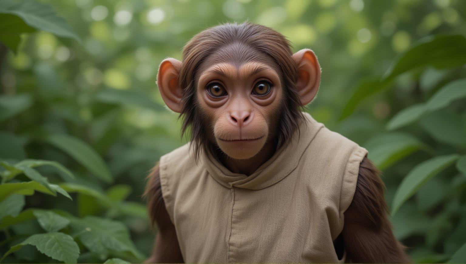 A juvenile monkey dressed in very simple style plain cloth tunic,  
happy, detailed eyes, photorealistic,  in lush jungle.
ancient times.
furry